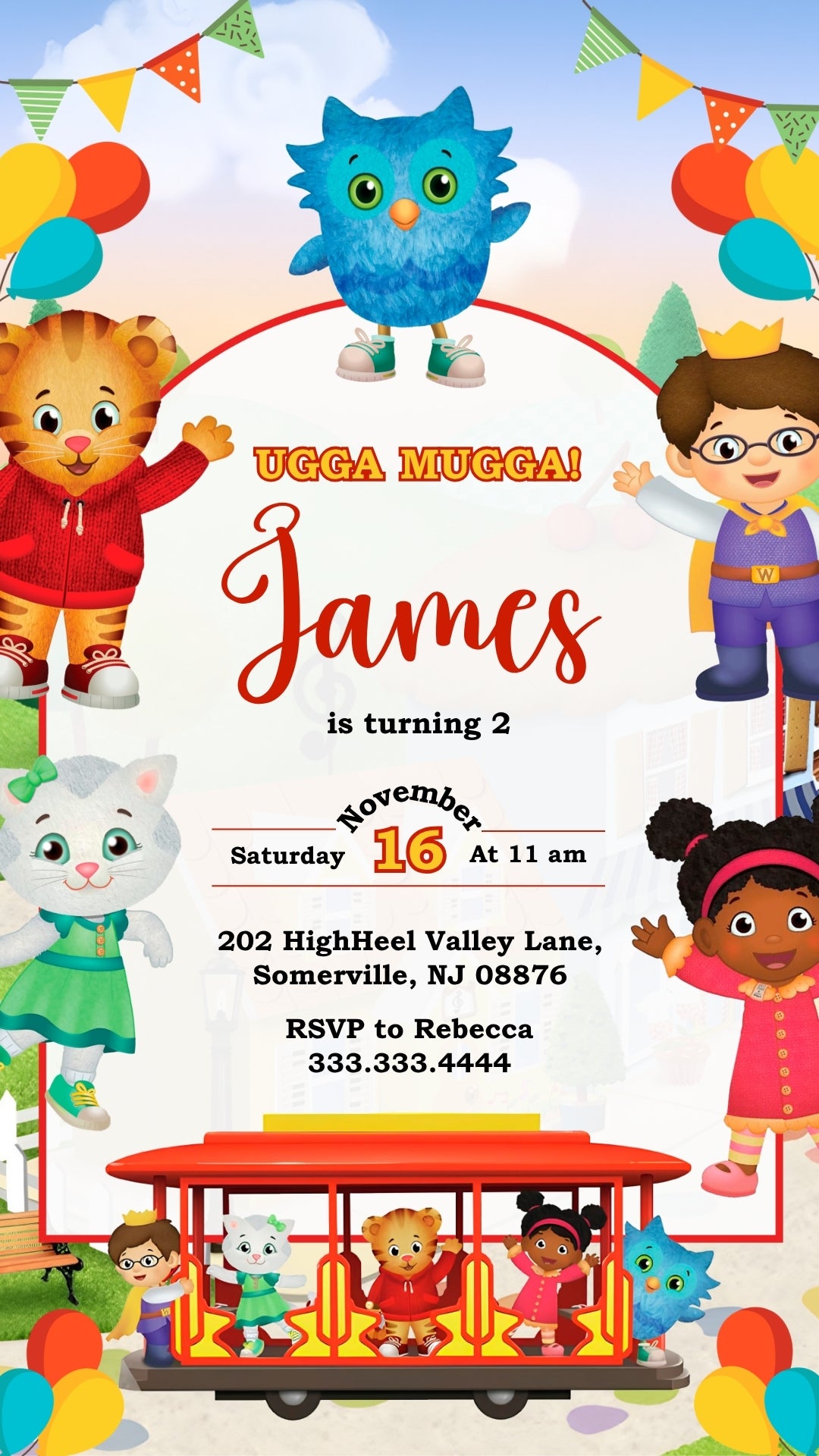 Daniel Tiger Colorful Trolley Birthday Video Invitation | Canva Template