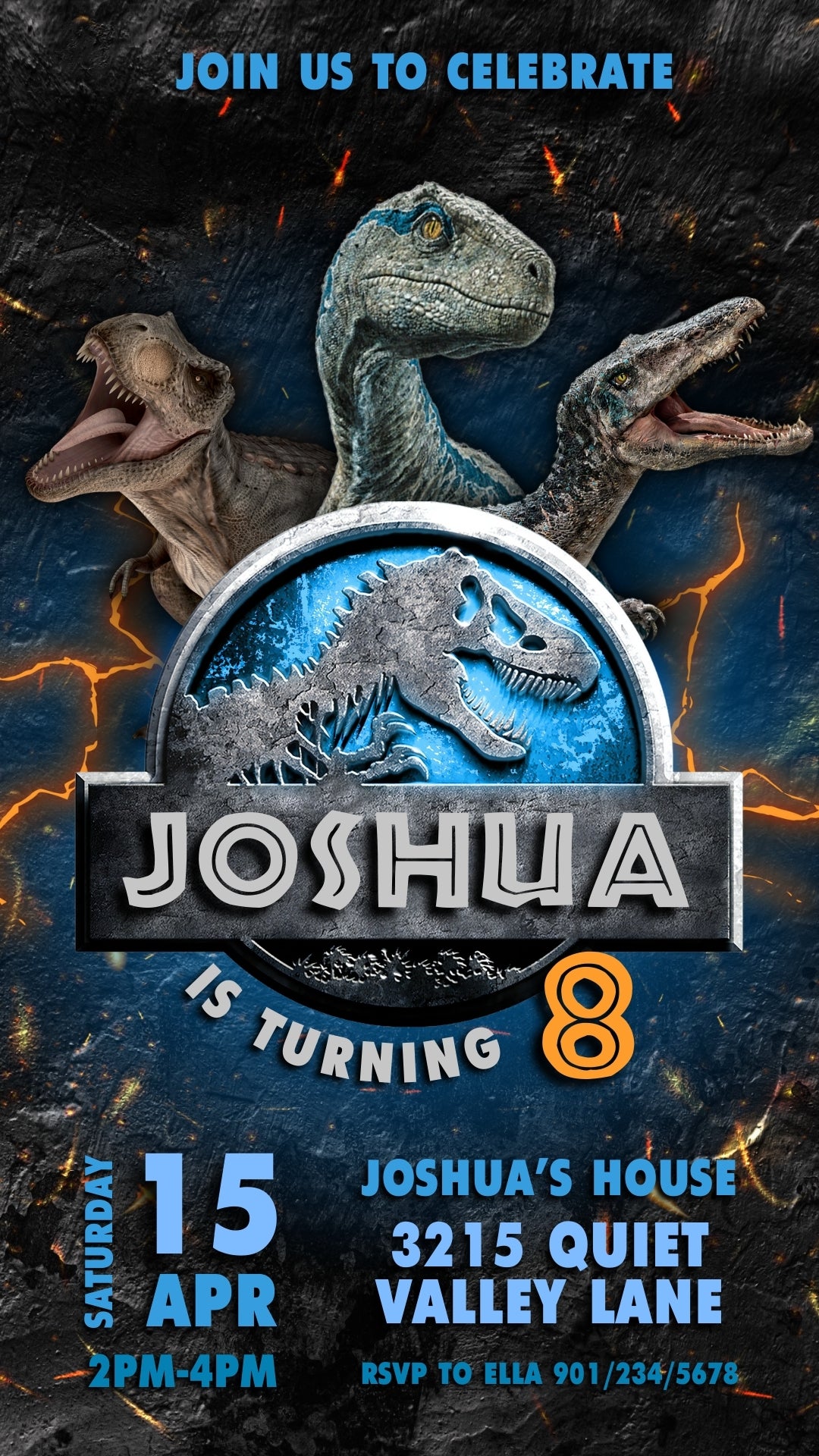 Jurassic World Blue Emblem Dinosaur Birthday Video Invitation | Canva Template