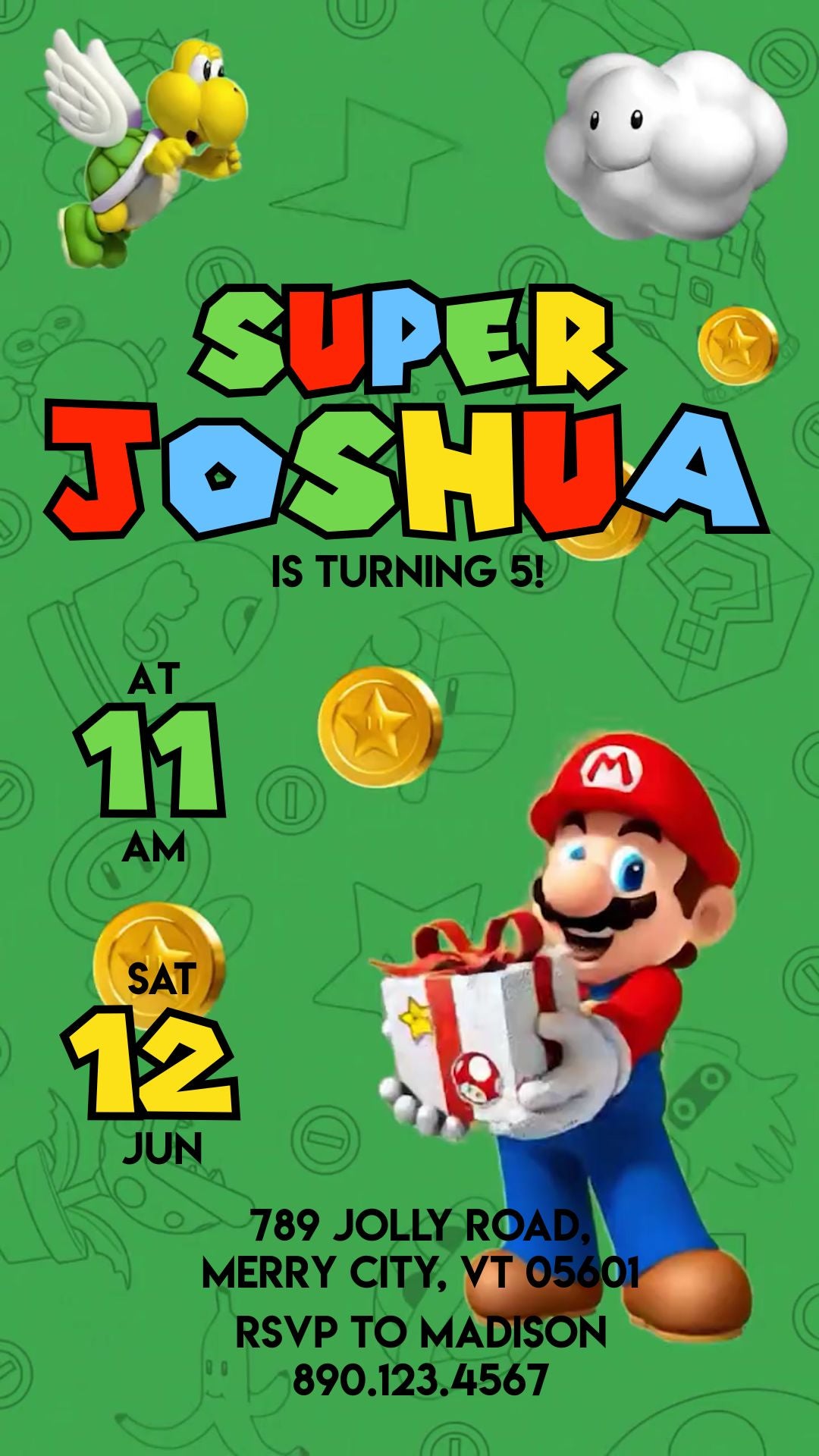 Super Mario Green Gift Party Birthday Video Invitation | Canva Template