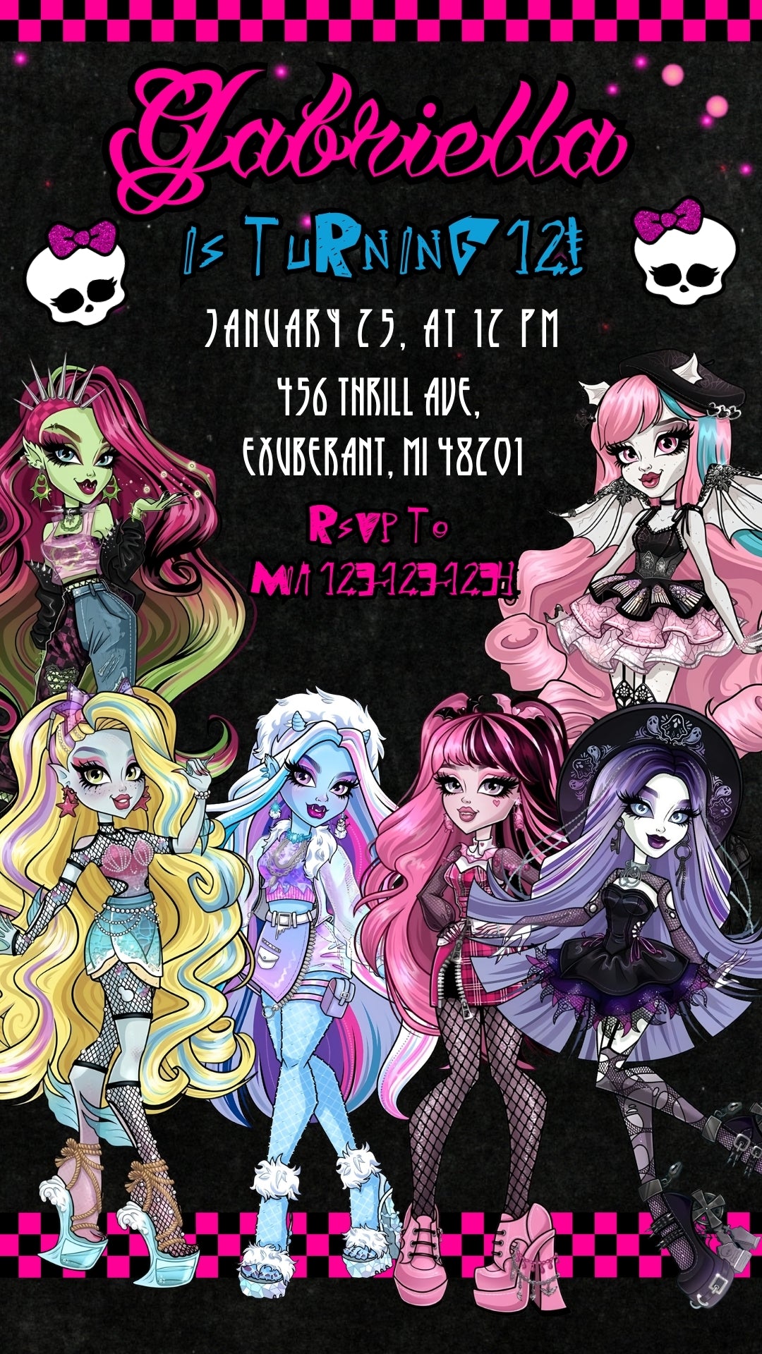 Monster High Pink Checkered Animated Birthday Invitation | Canva Template