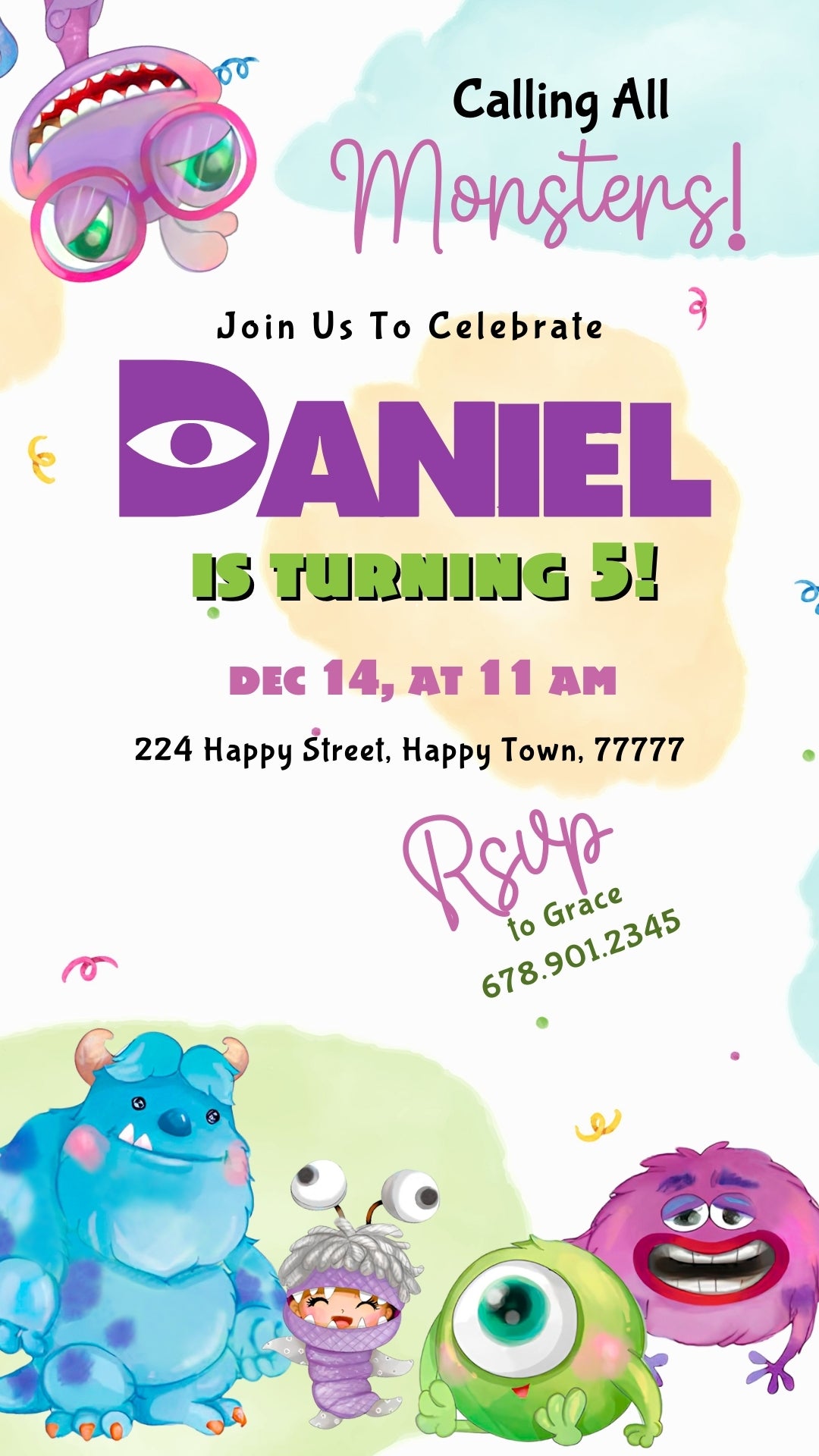 Pastel Monsters Crew Animated Birthday Invitation | Canva Template