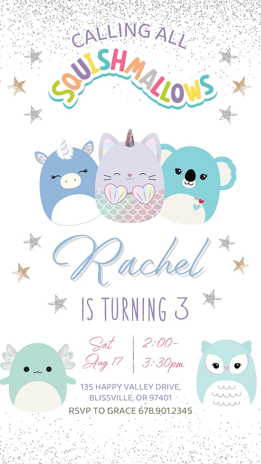 Squishmallows Silver Glitter Animated Birthday Invitation | Canva Template