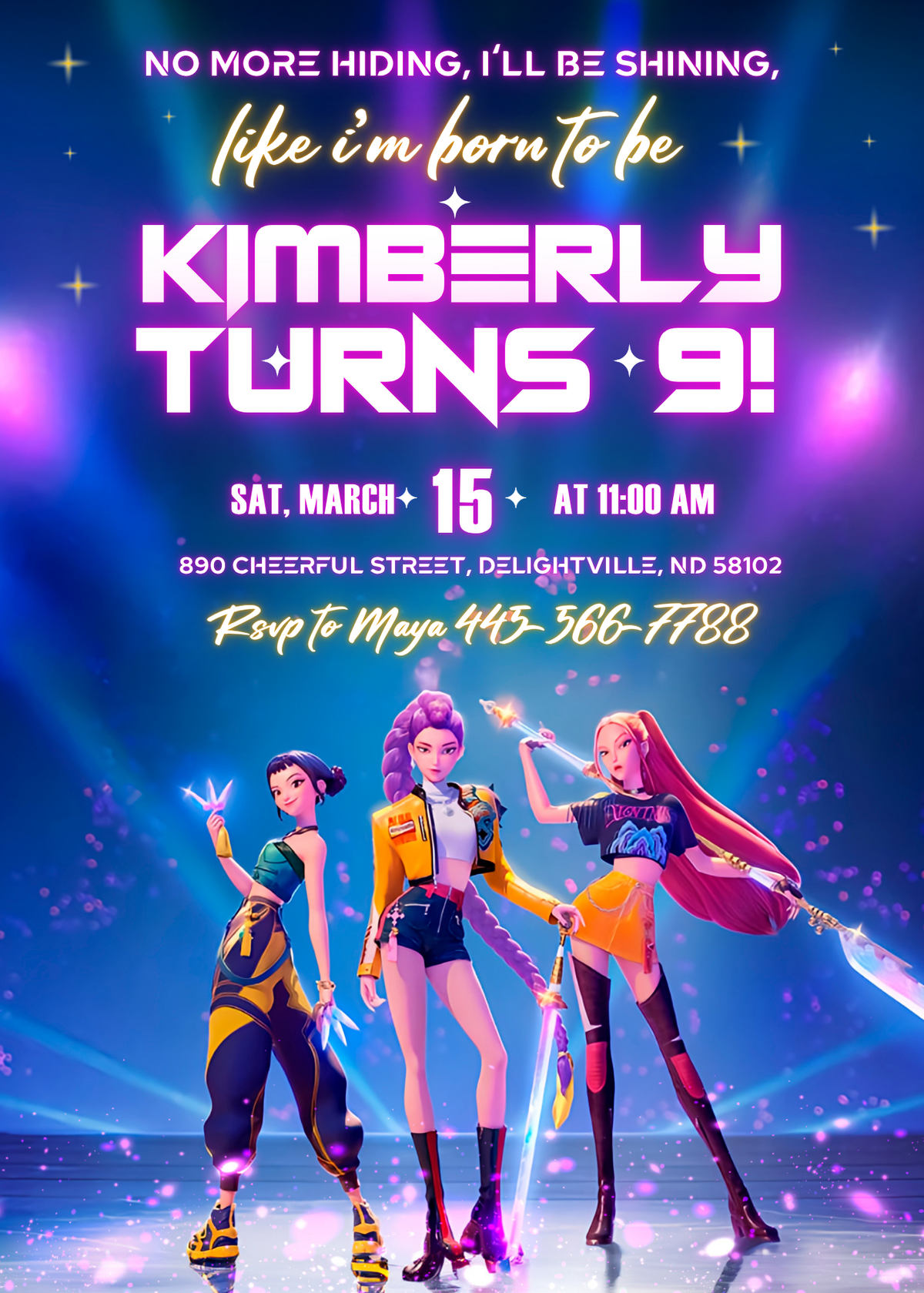 K Pop Demon Hunters Birthday Invitation 01 | Editable Canva Template design preview with sample wording