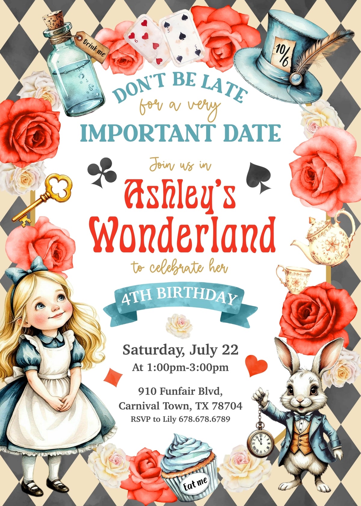 Alice and the White Rabbit Birthday Invitation - Editable 5×7
