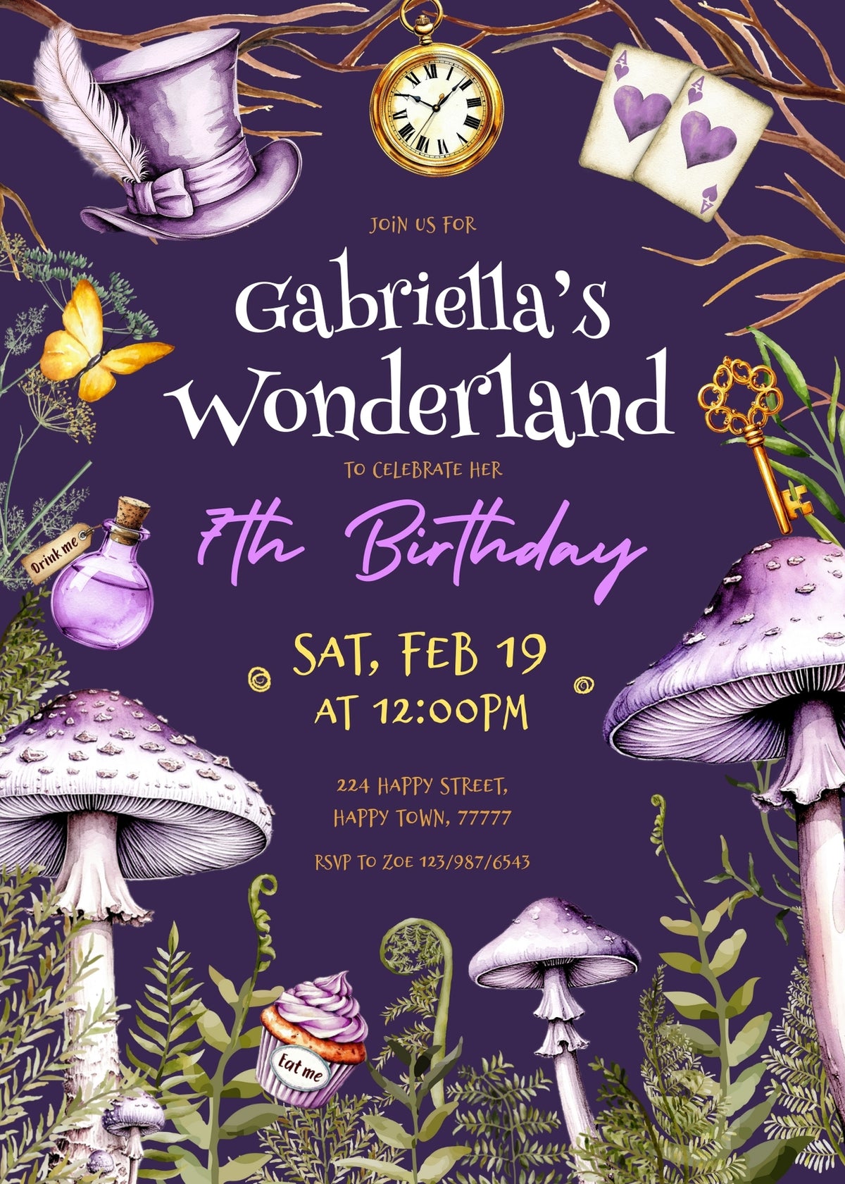 Alice in Wonderland Purple Mushroom Birthday Invitation - Editable 5×7