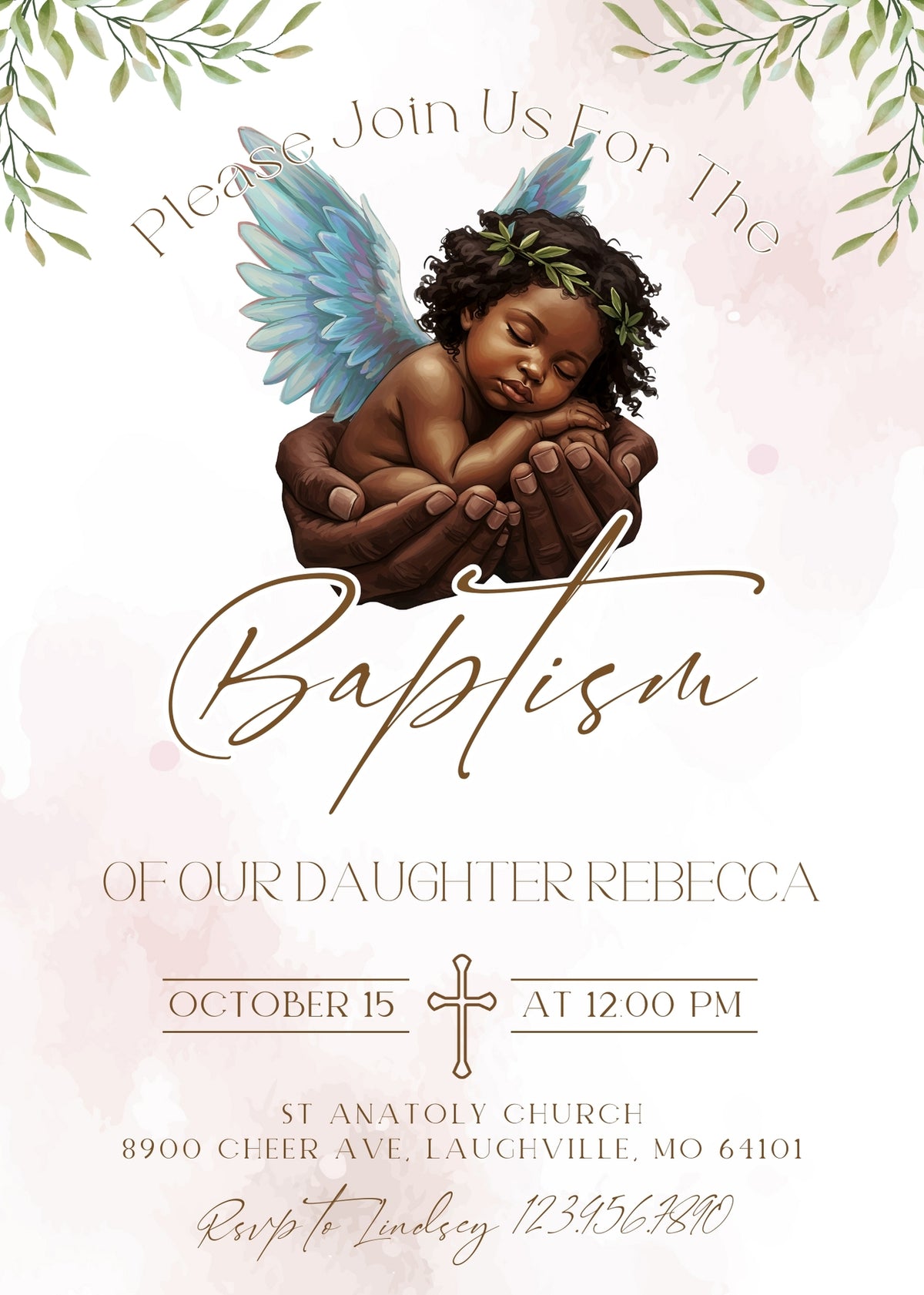 Laurel Crown Baby Angel Baptism Invitation - Editable 5×7