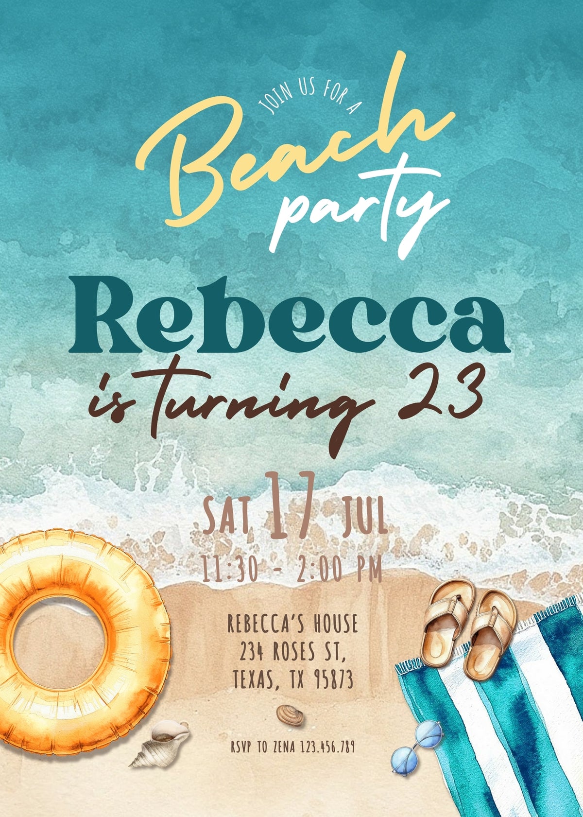 Turquoise Shore Beach Birthday Invitation - Editable 5×7