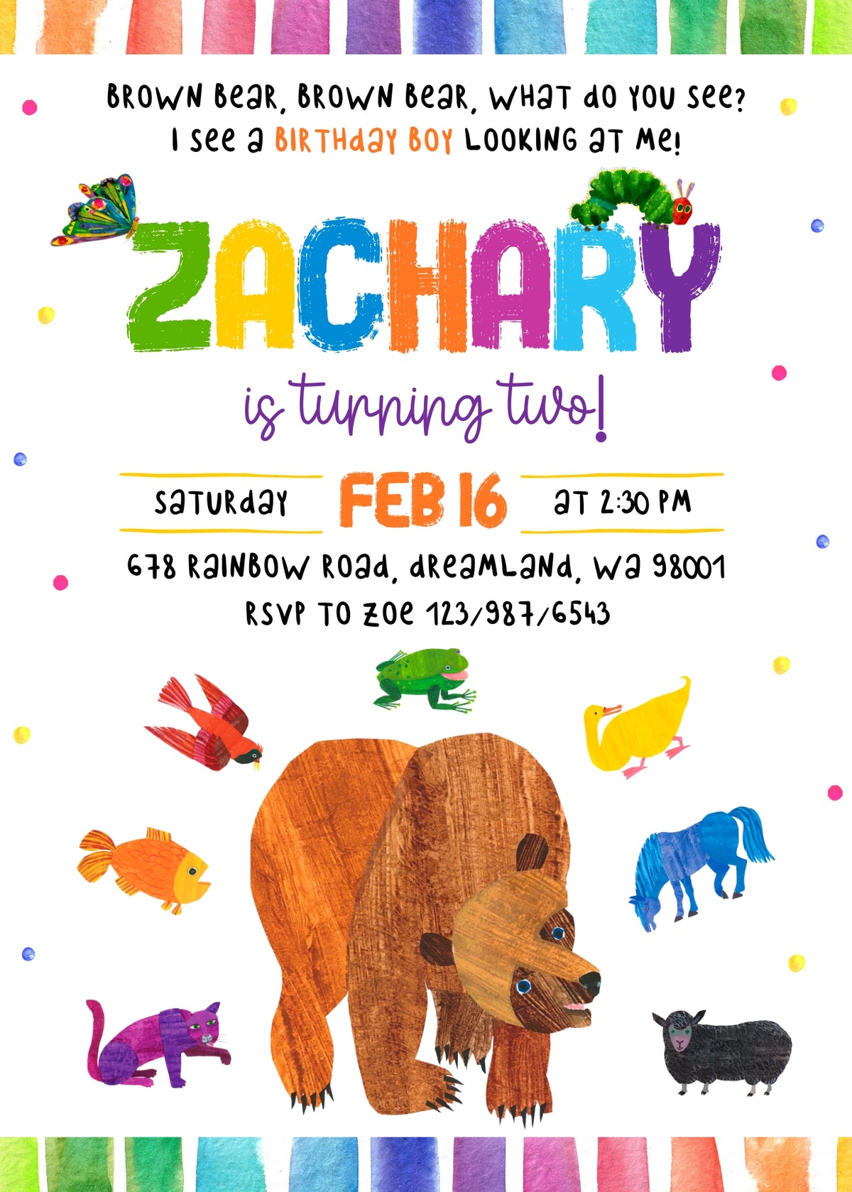 Brown Bear Rainbow Stripe Birthday Invitation - Editable 5×7