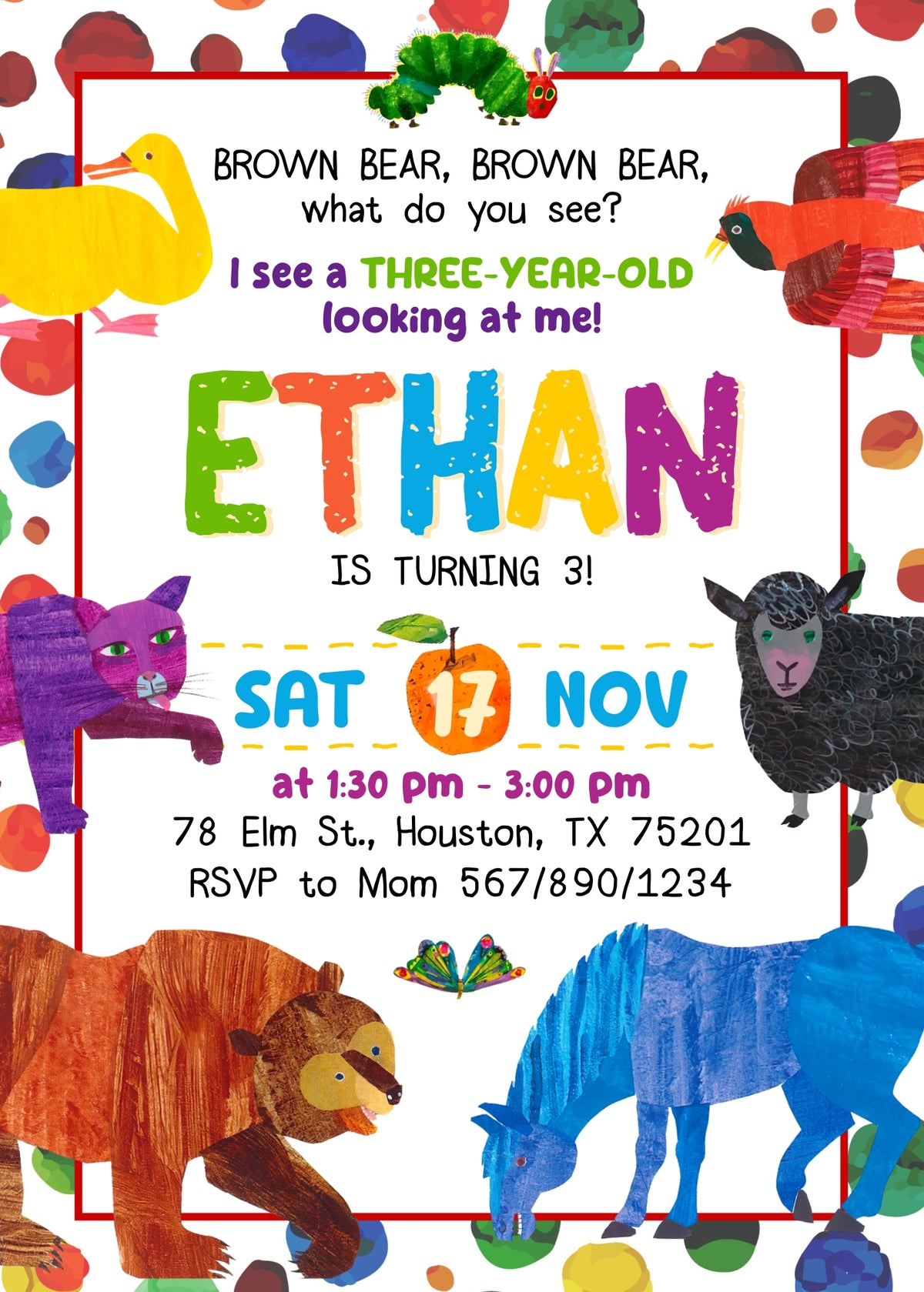 Brown Bear Colorful Animal Border Birthday Invitation - Editable 5×7