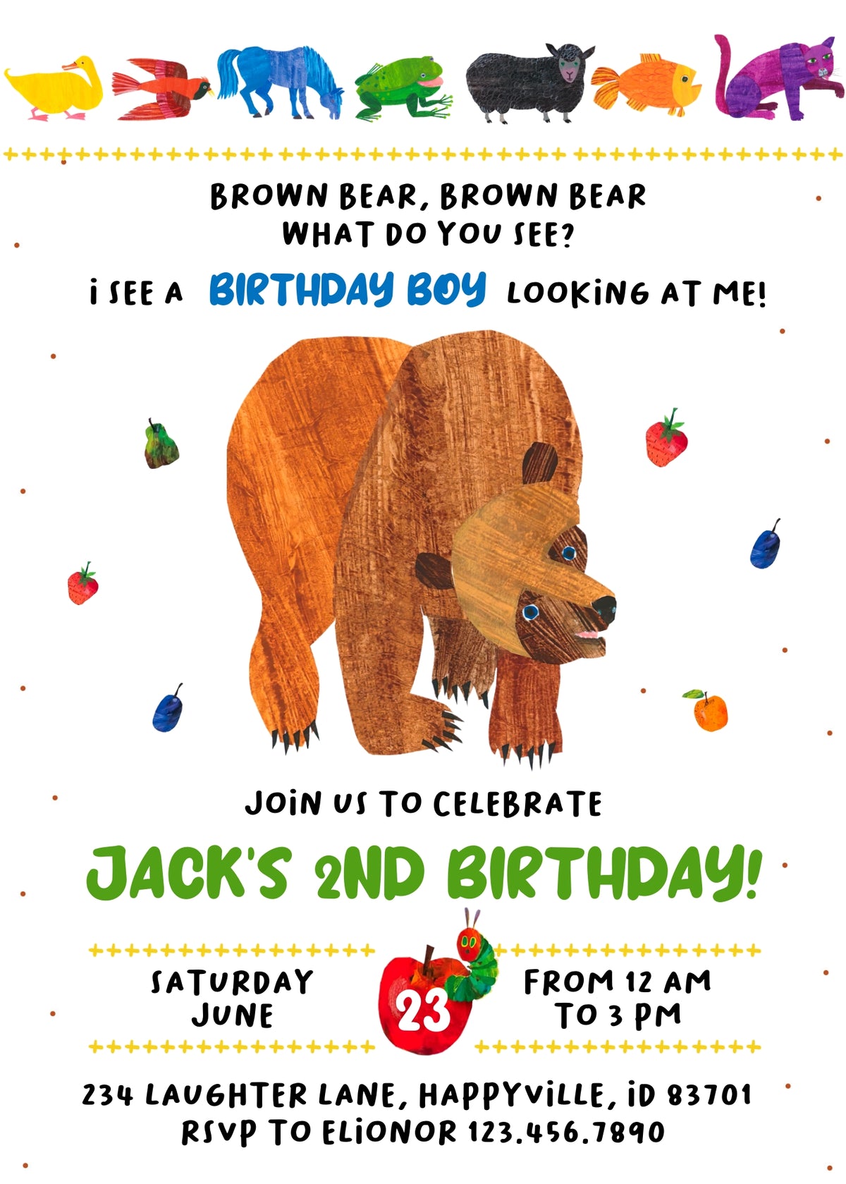 Brown Bear Animal Parade Birthday Invitation; editable 5×7-inch invitation front preview.