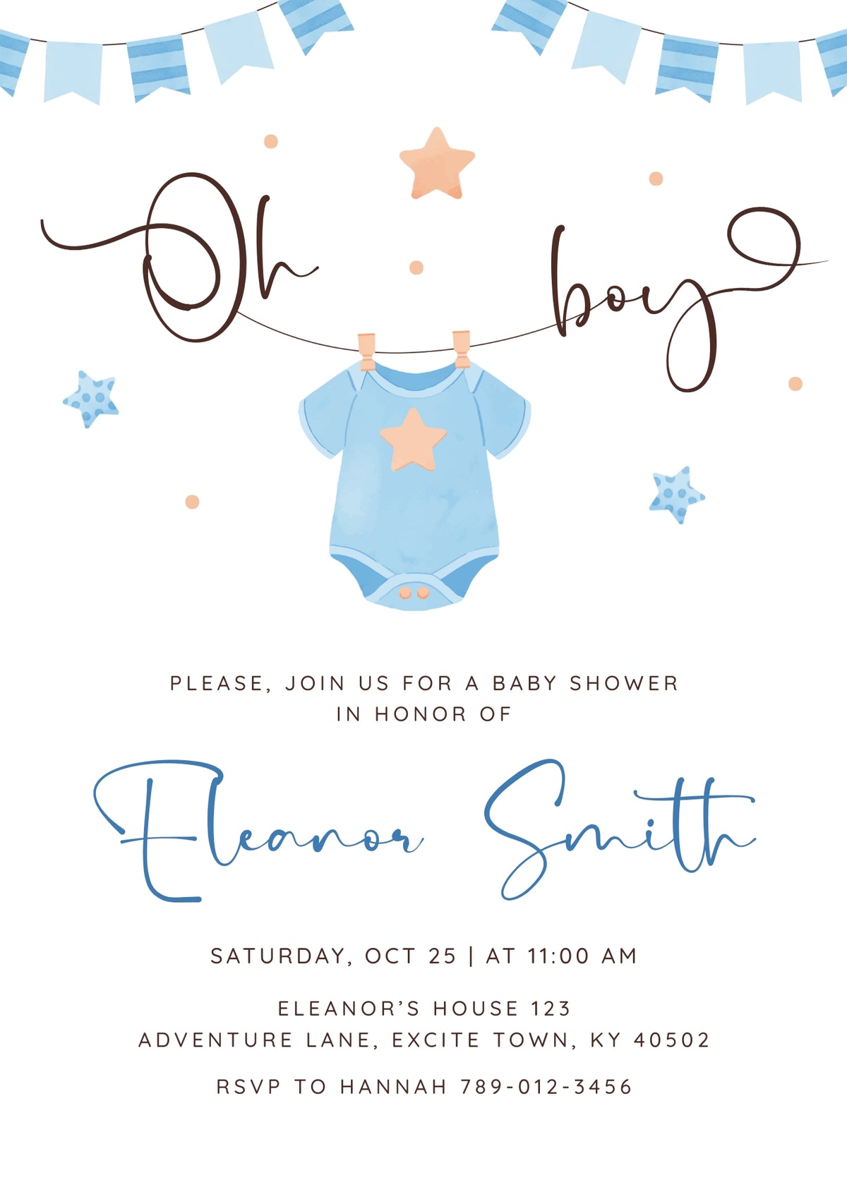 Blue Star Onesie Baby Shower Invitation - Editable 5×7