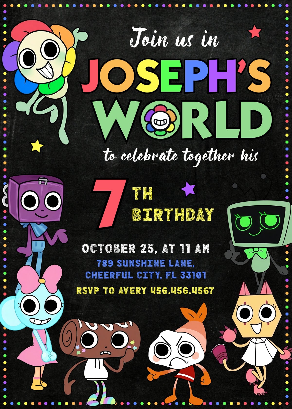 Dandy's World Rainbow Dots Birthday Invitation - Editable 5×7