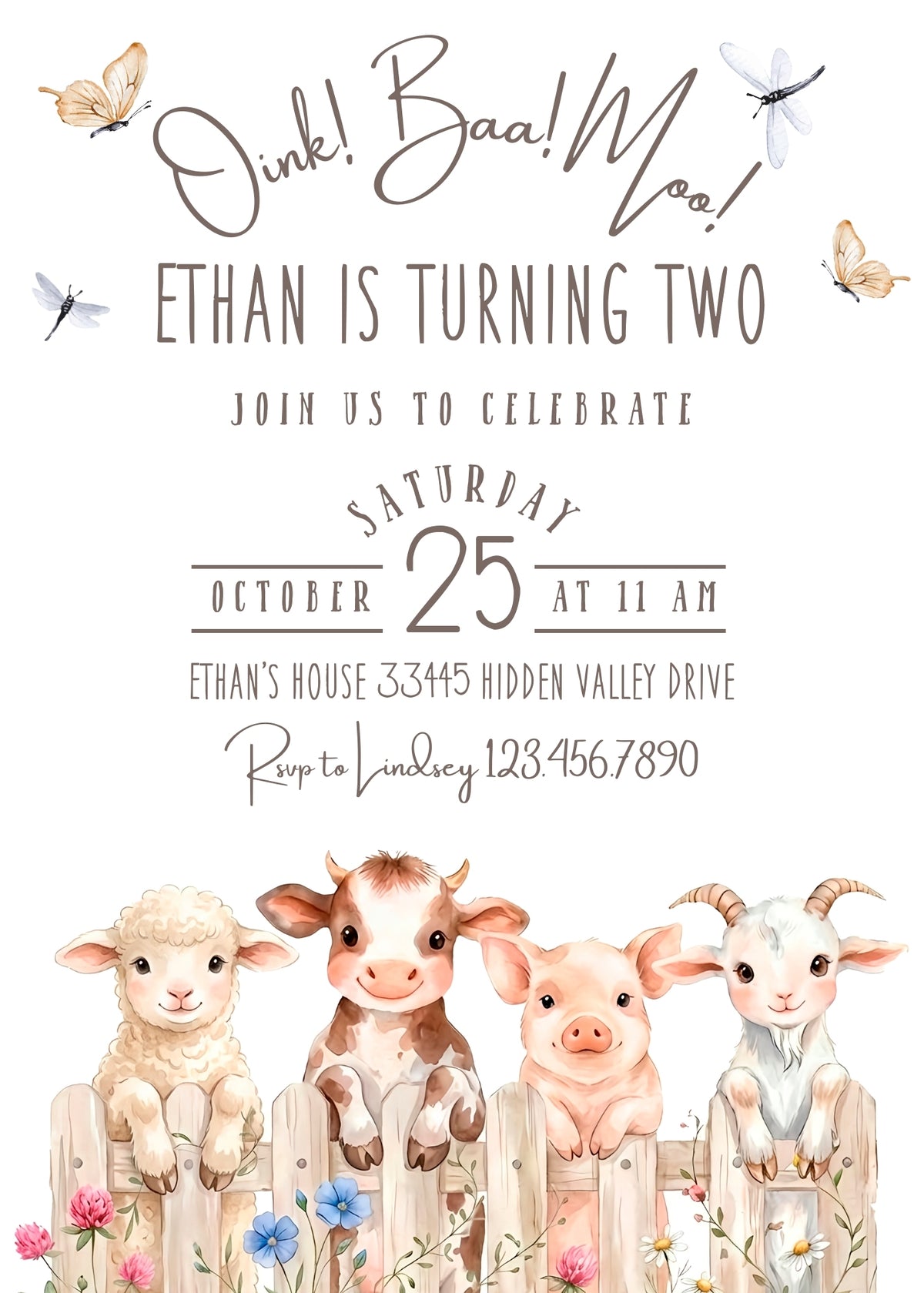 Farm Animals and Wildflowers Second Birthday Invitation; editable 5×7-inch invitation front preview.