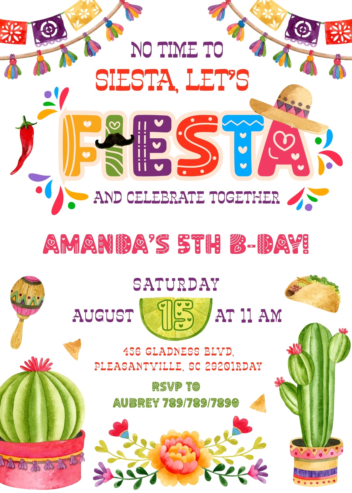 Cactus and Taco Fiesta Birthday Invitation - Editable 5×7