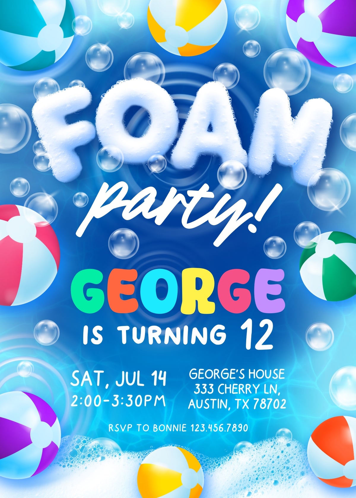 Blue Beach Ball Foam Party Invitation - Editable 5×7