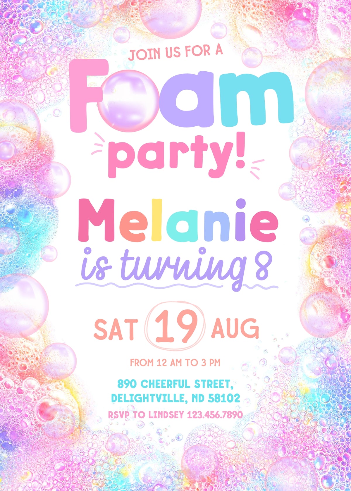 Pastel Bubble Foam Party Invitation - Editable 5×7