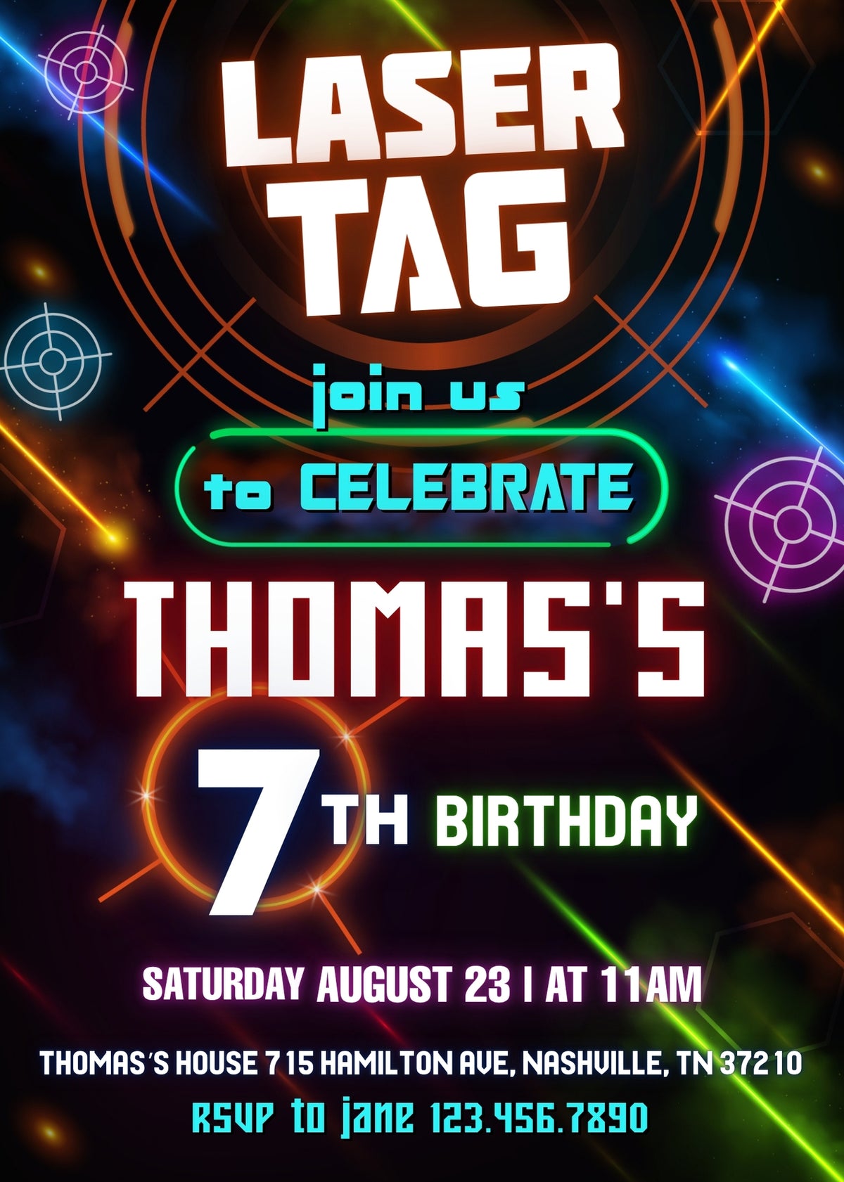 Laser Tag Glowing Targets Birthday Invitation - Editable 5×7
