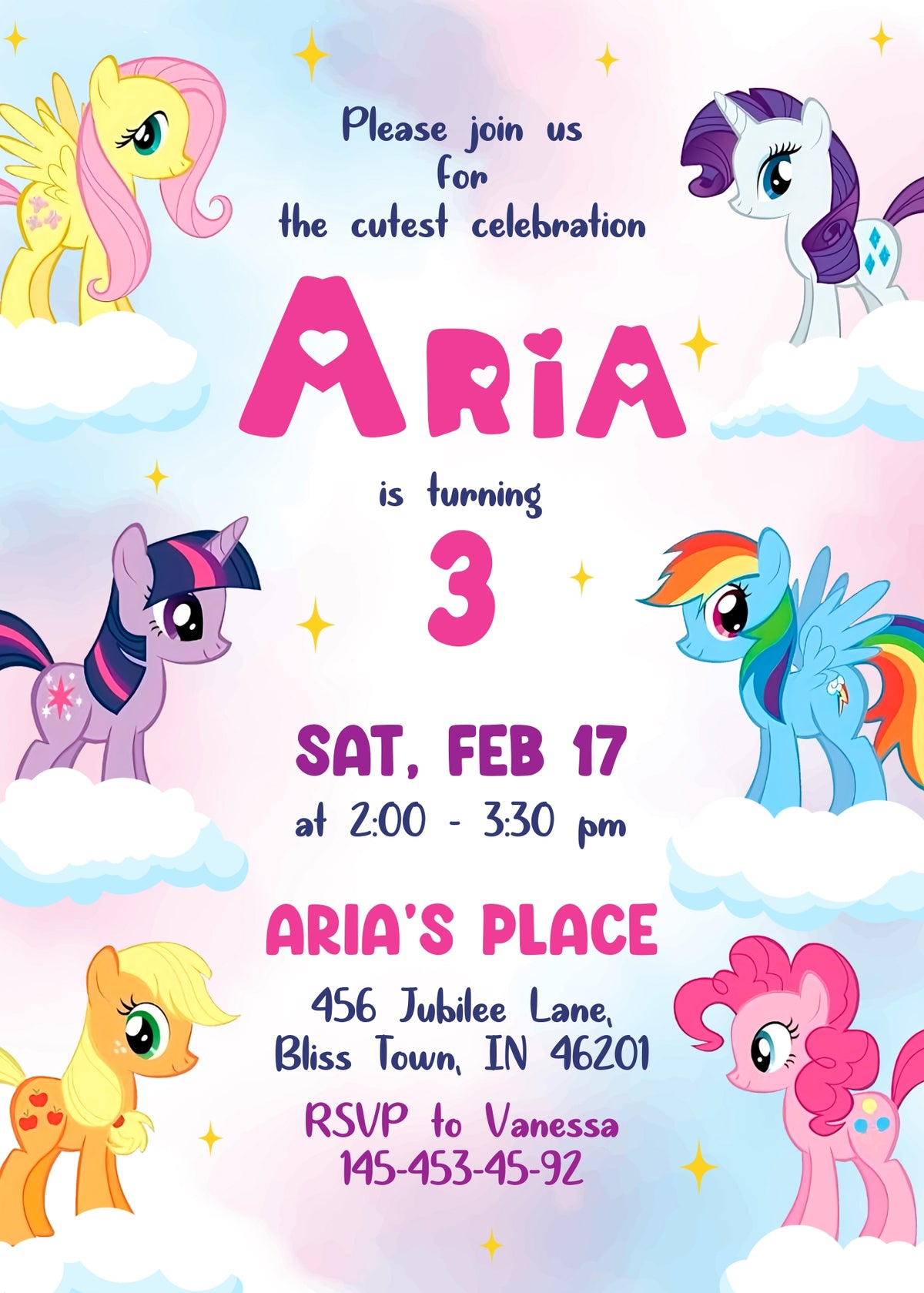 My Little Pony Pastel Clouds Birthday Invitation - Editable 5×7
