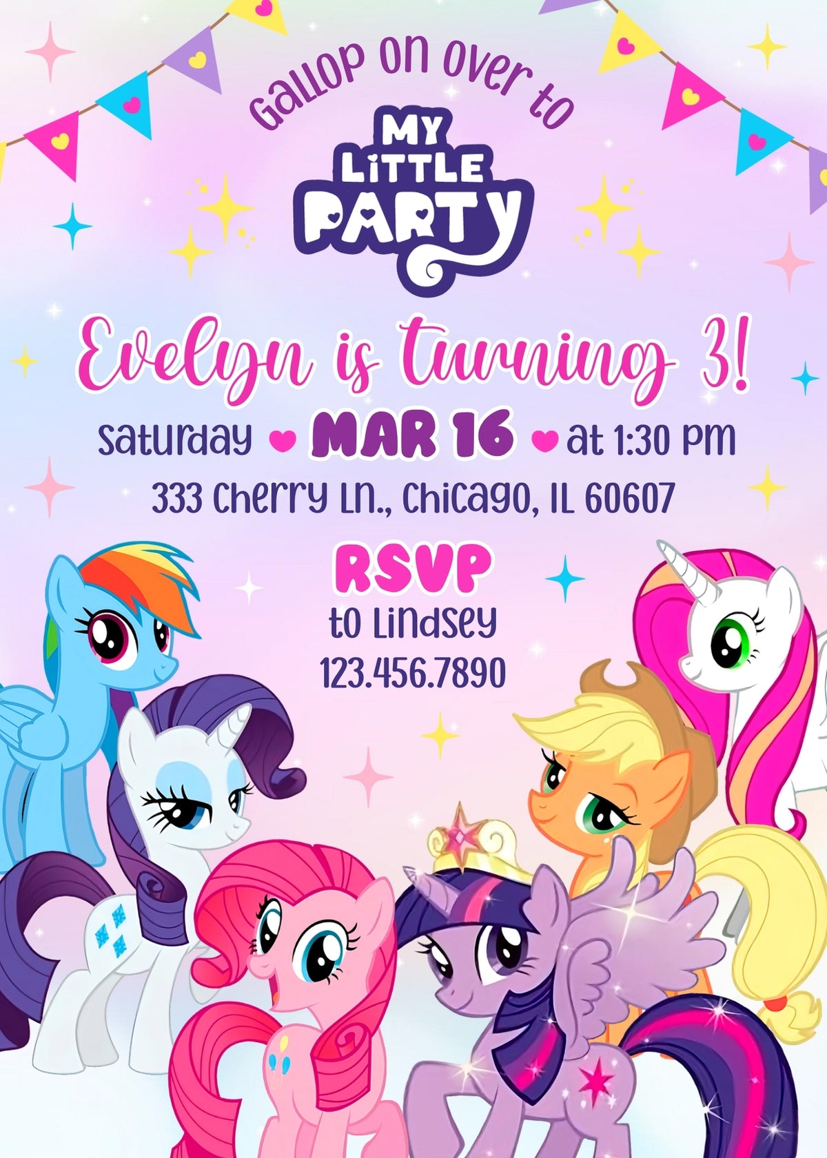 My Little Pony Bunting Birthday Invitation - Editable 5×7