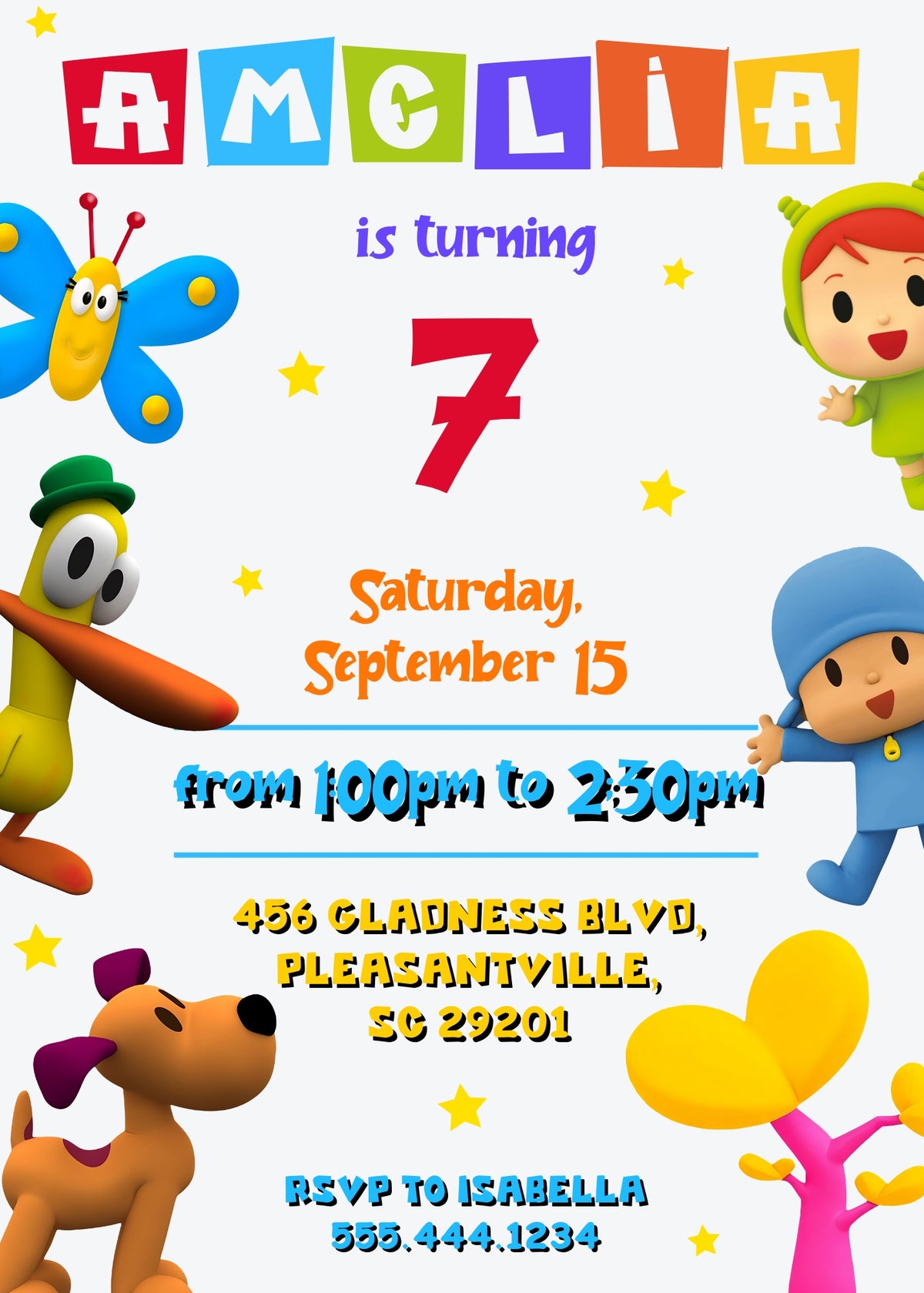 Pocoyo Colorful Character Border Birthday Invitation - Editable 5×7