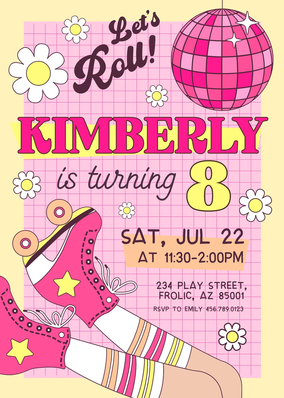Pink Disco Ball Roller Skating Birthday Invitation - Editable 5×7