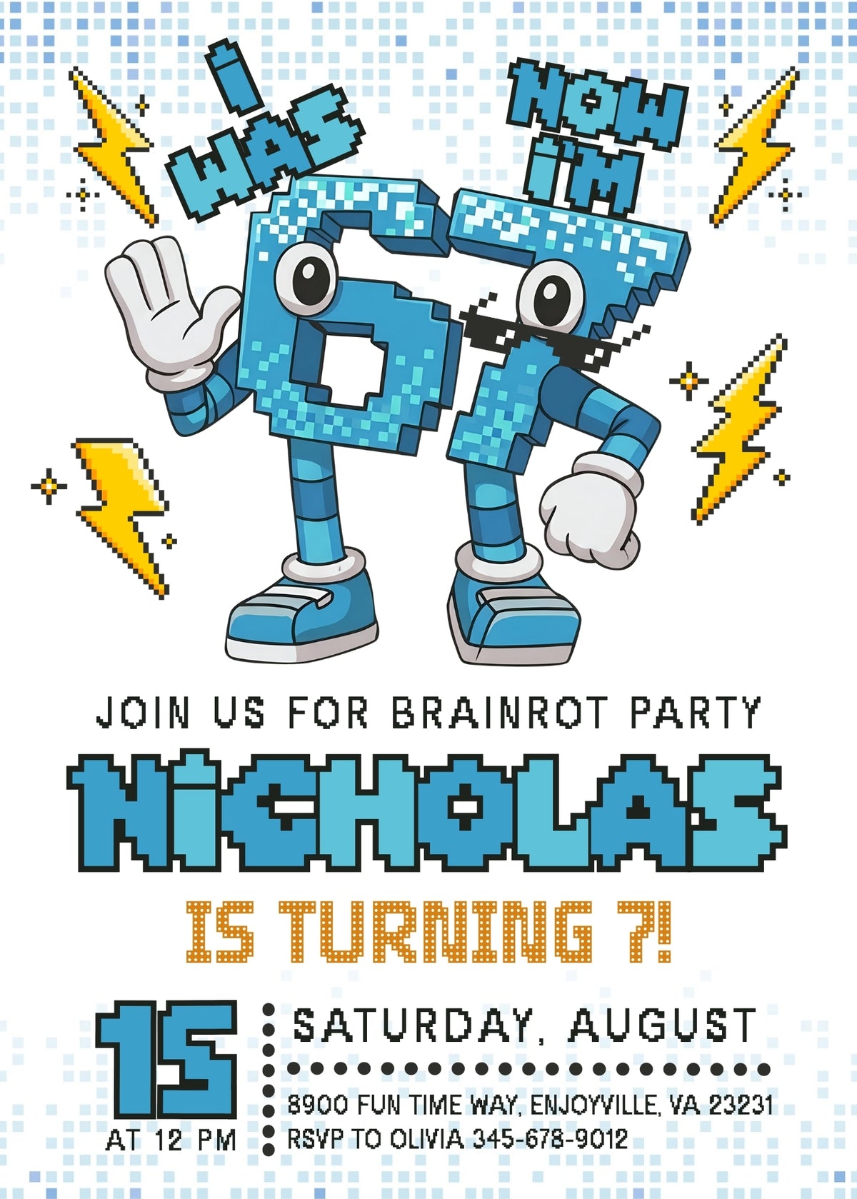 Six Seven Blue Pixel Brainrot Birthday Invitation - Editable 5×7