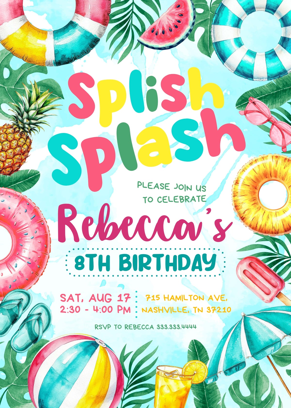 Splish Splash Tropical Pool Floats Birthday Invitation - Editable 5×7