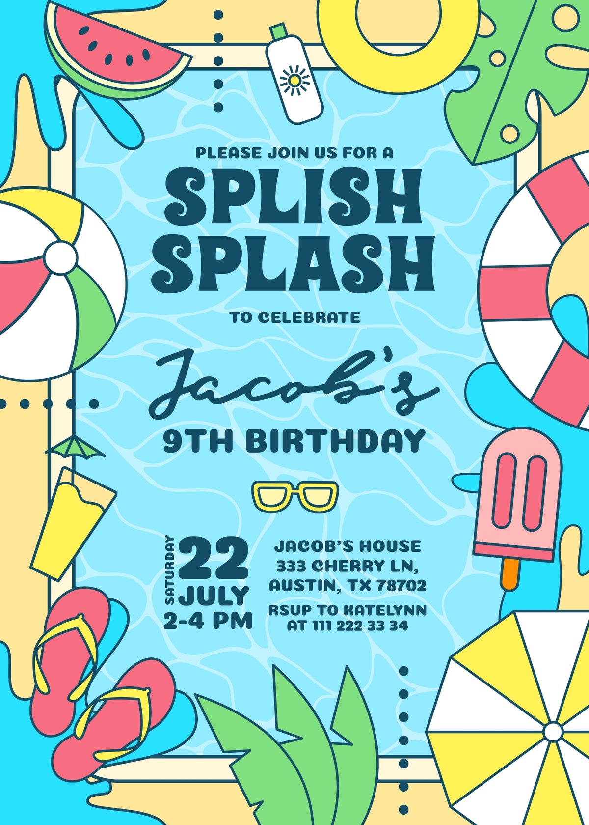 Cartoon Poolside Splish Splash Birthday Invitation; editable 5×7-inch invitation front preview.
