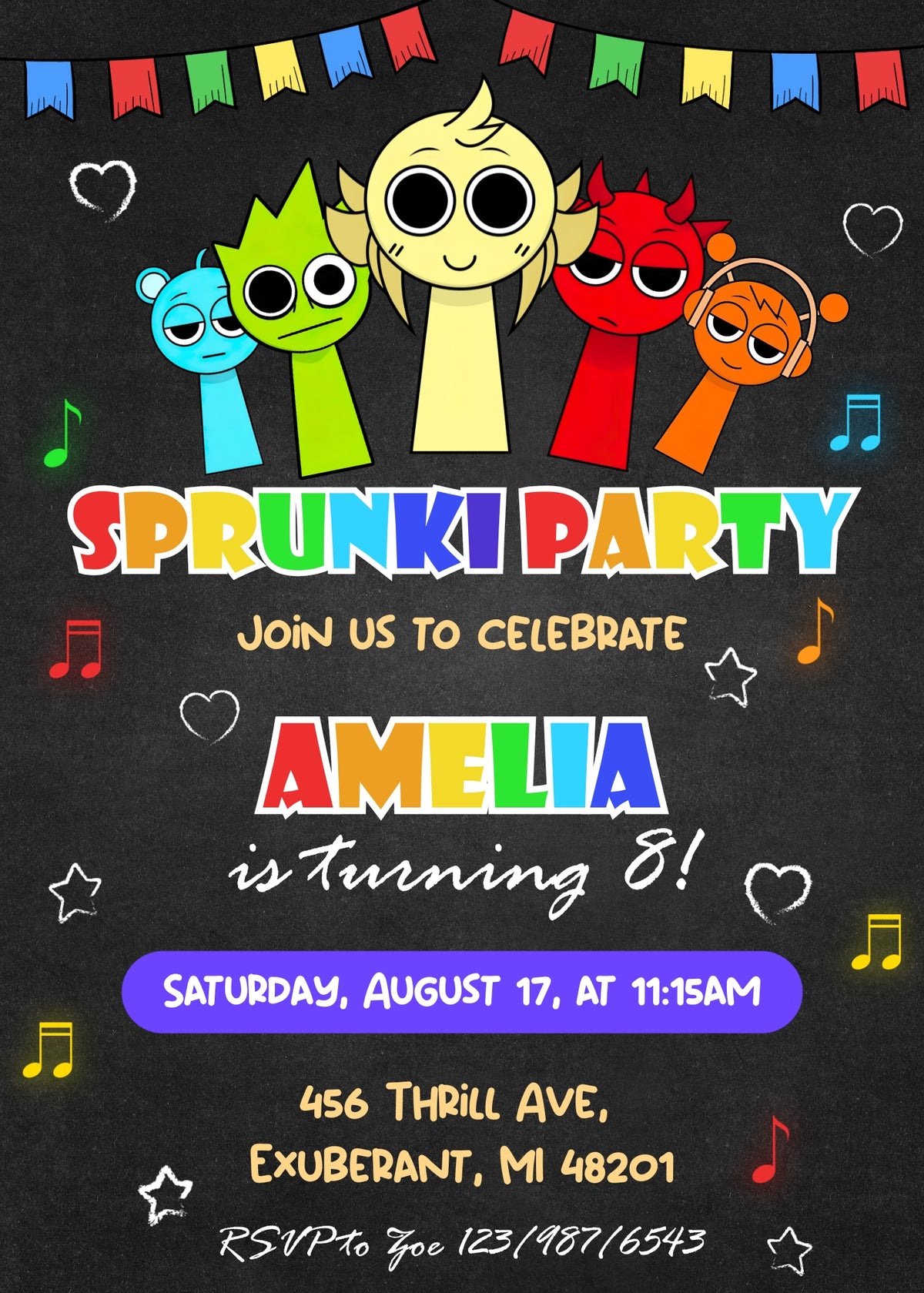 Sprunki Chalkboard Music Birthday Invitation; editable 5×7-inch invitation front preview.