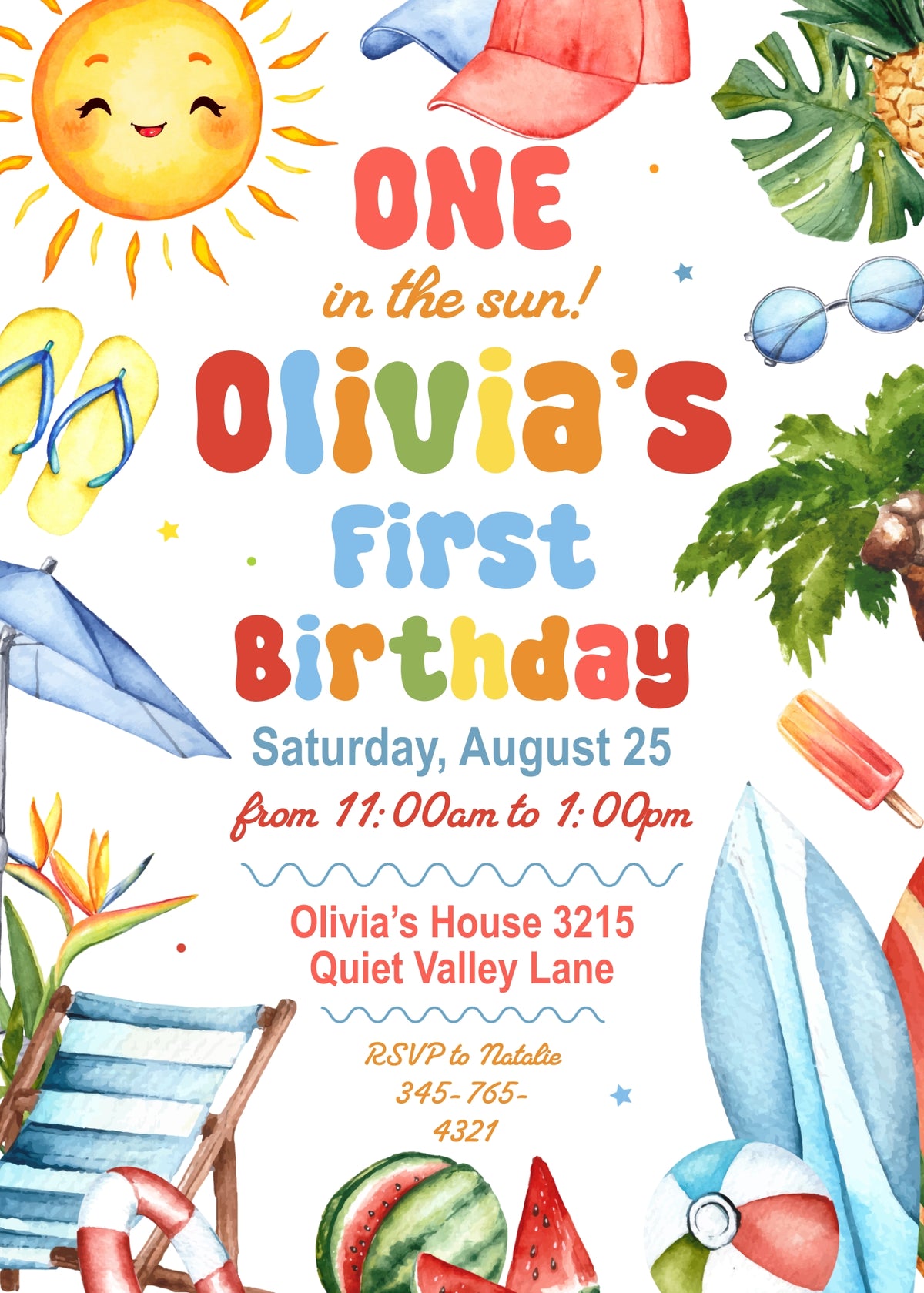 One in the Sun Beach Day First Birthday Invitation - Editable 5×7