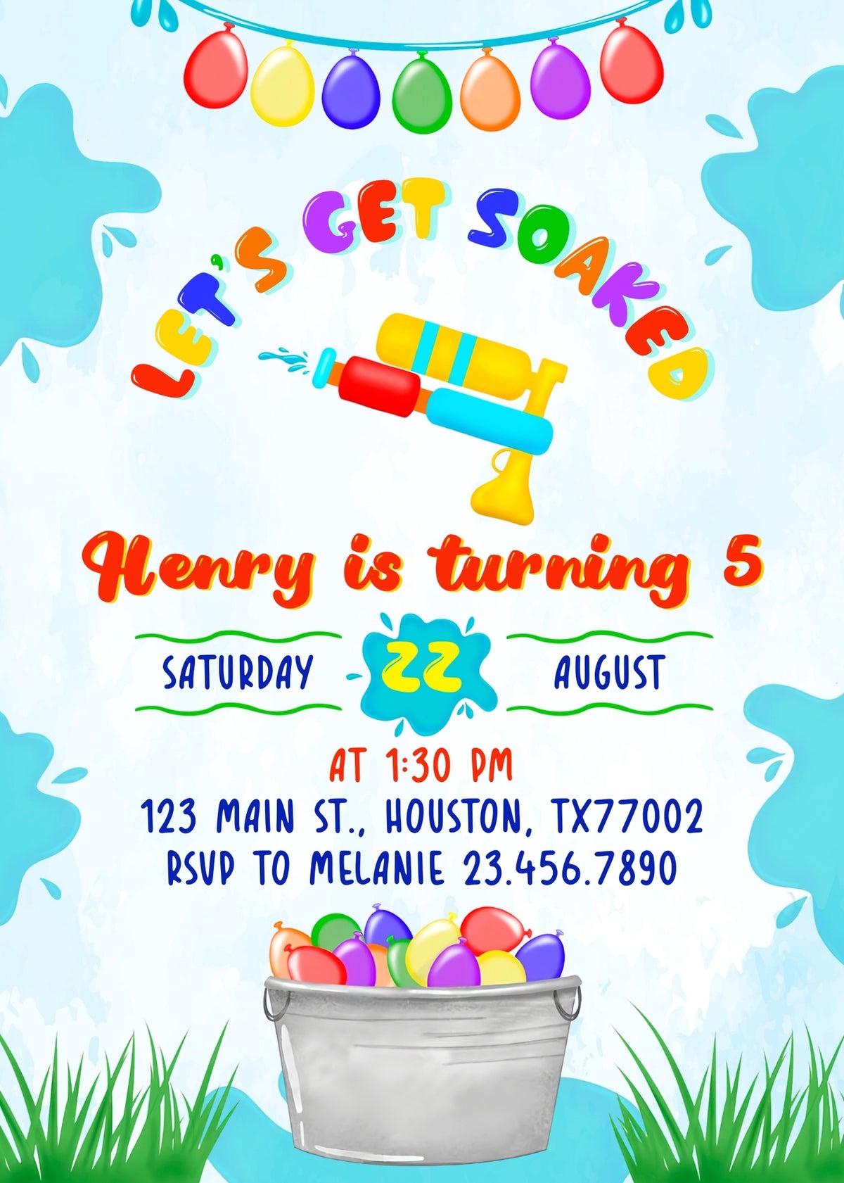 Water Gun Balloons Splash Birthday Invitation - Editable 5×7