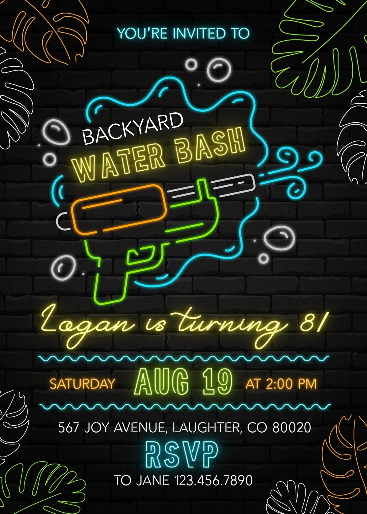 Neon Water Blaster Birthday Invitation; editable 5×7-inch invitation front preview.