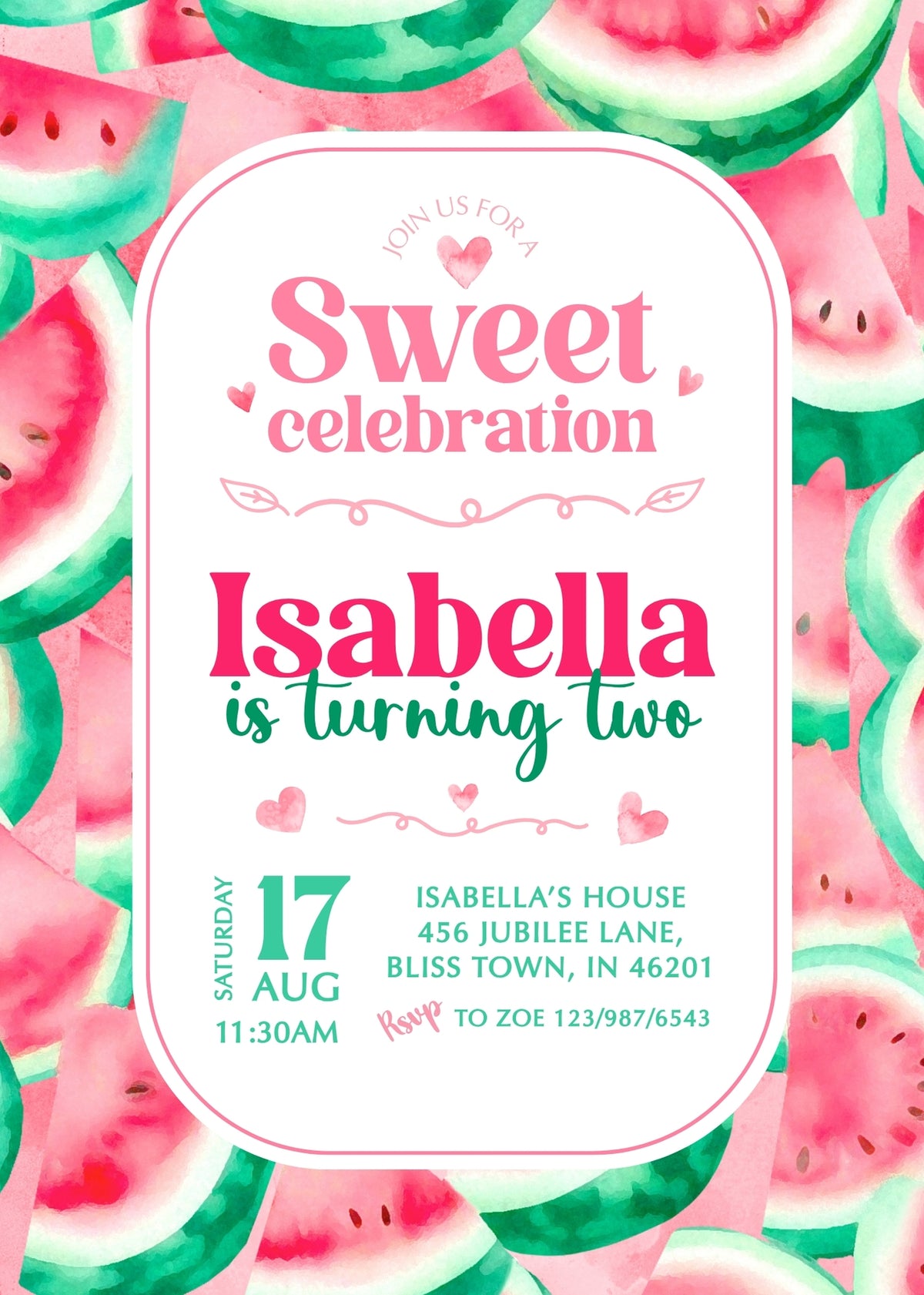 Watermelon Slice Border Birthday Invitation - Editable 5×7