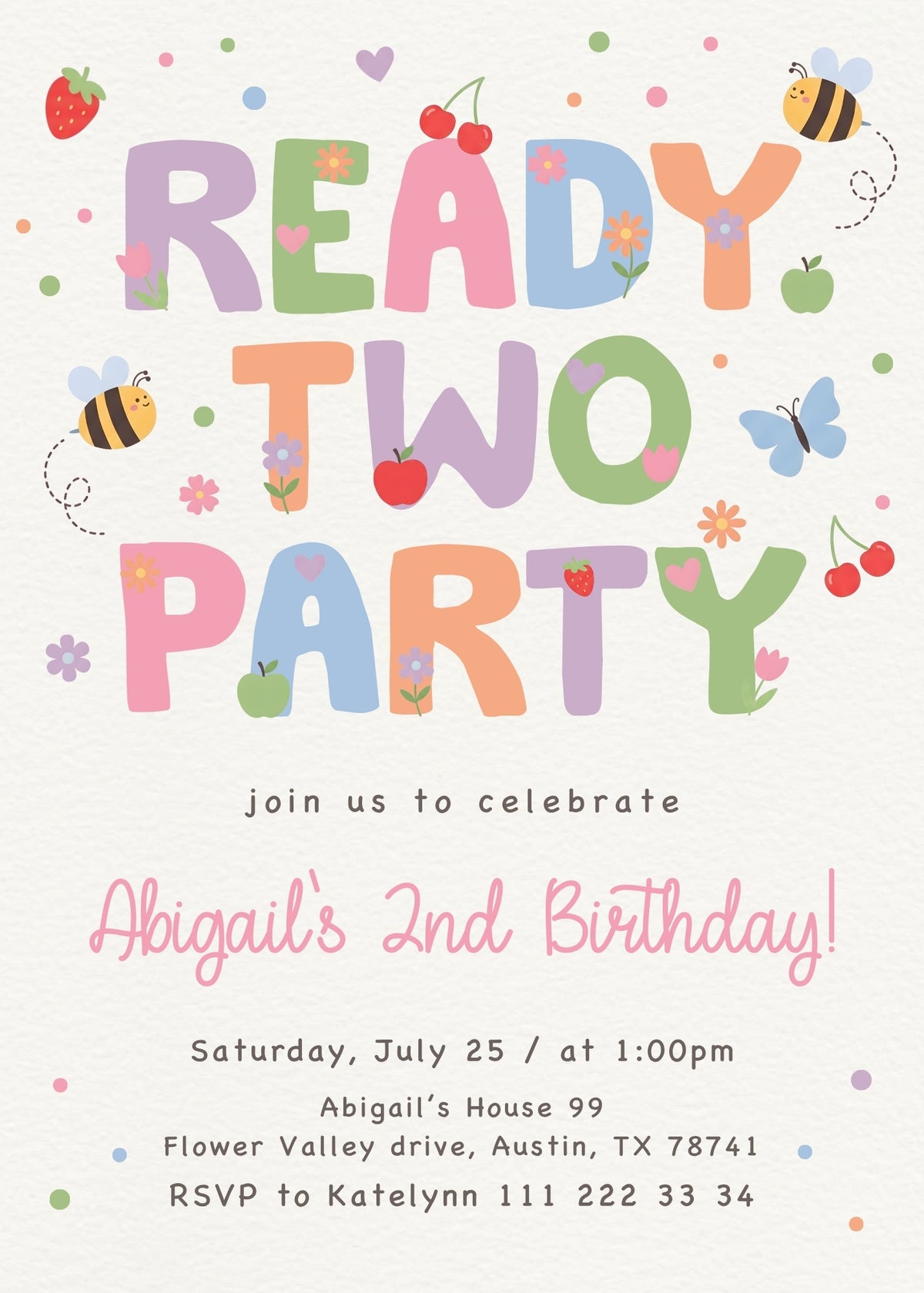 Ready Two Party Fruit and Bees Birthday Invitation; editable 5×7-inch invitation front preview.