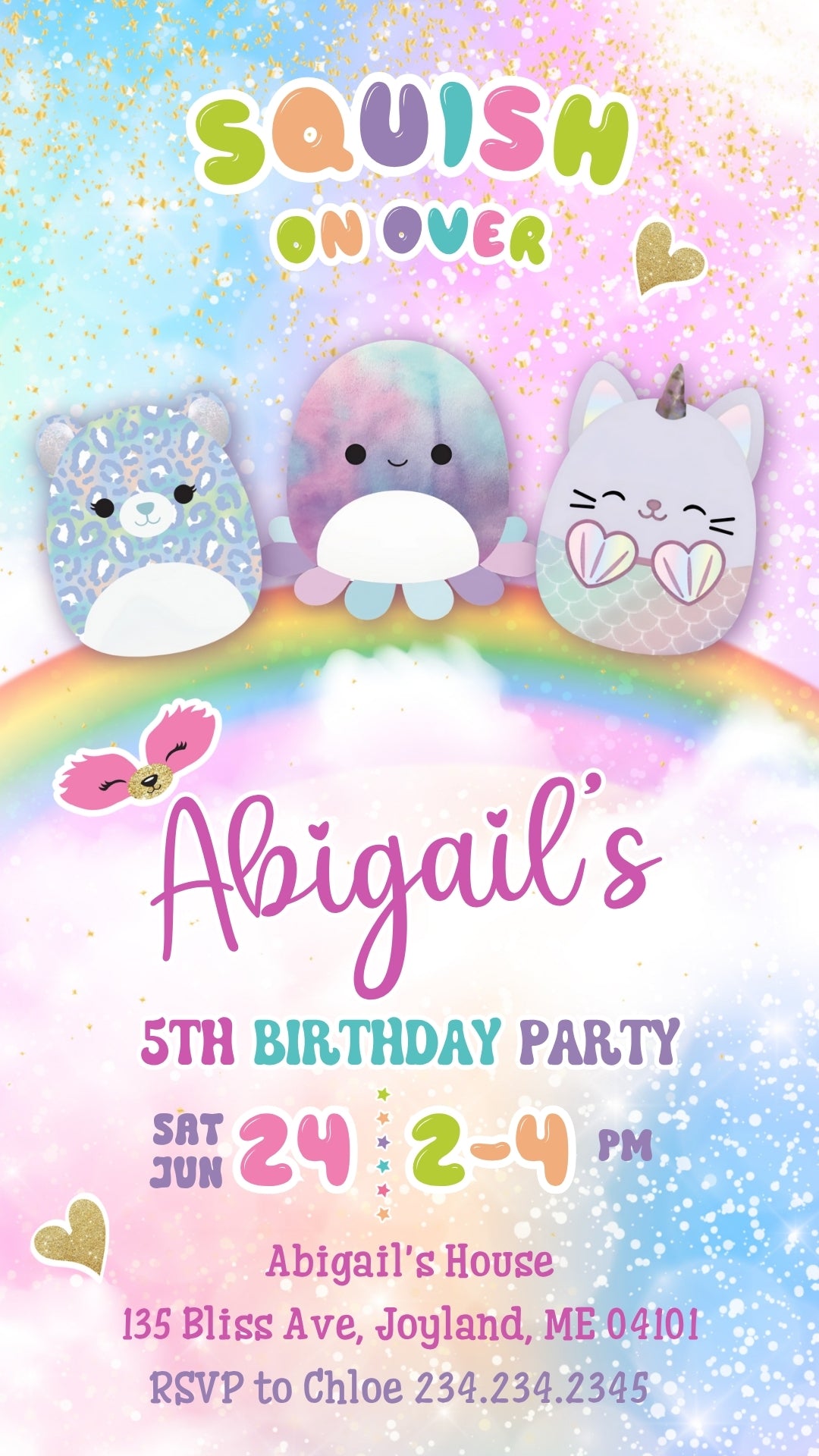 Squishmallows Rainbow Clouds Animated Birthday Invitation | Canva Template