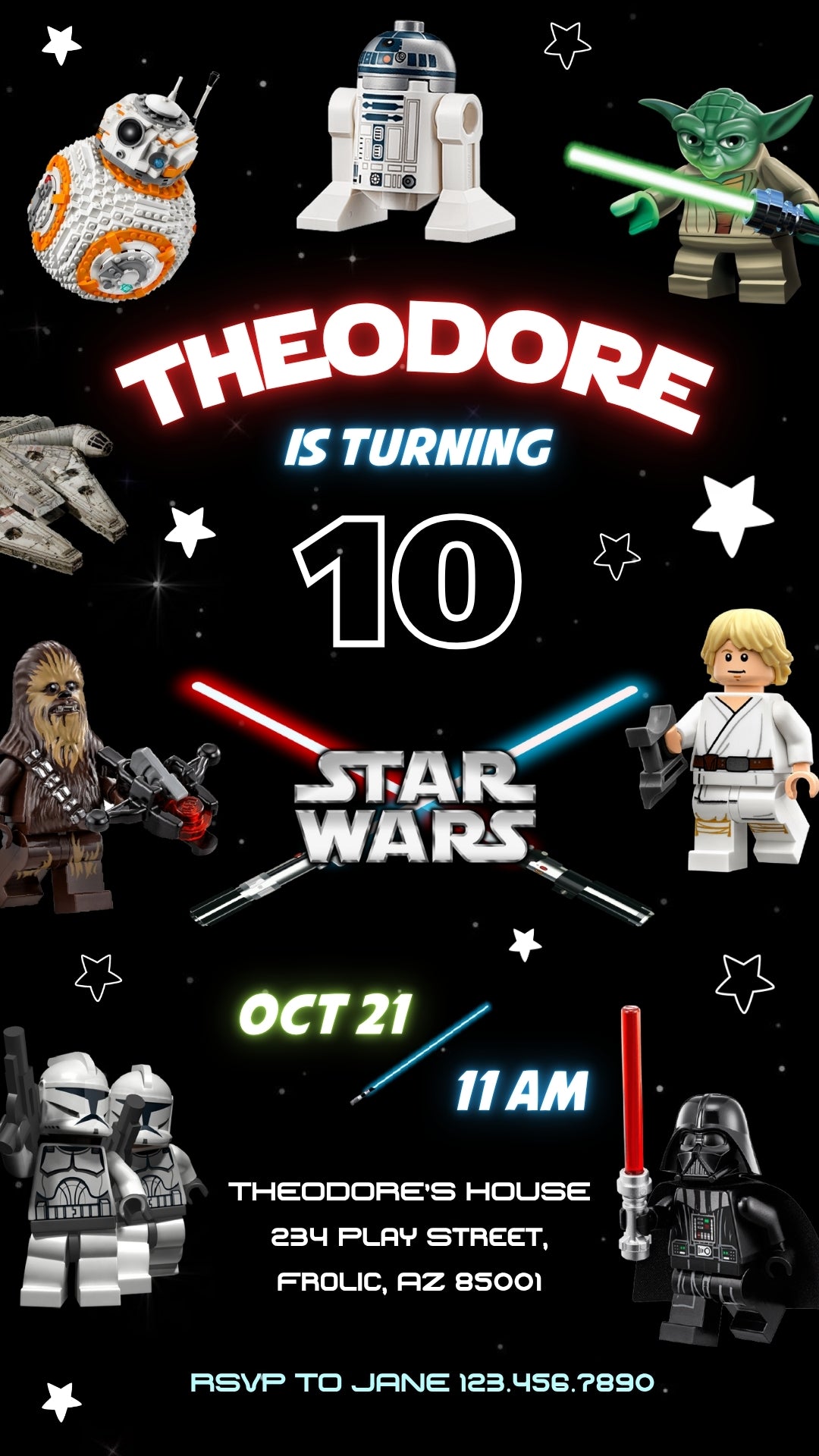 Star Wars Minifigure Lightsaber Animated Birthday Invitation | Canva Template