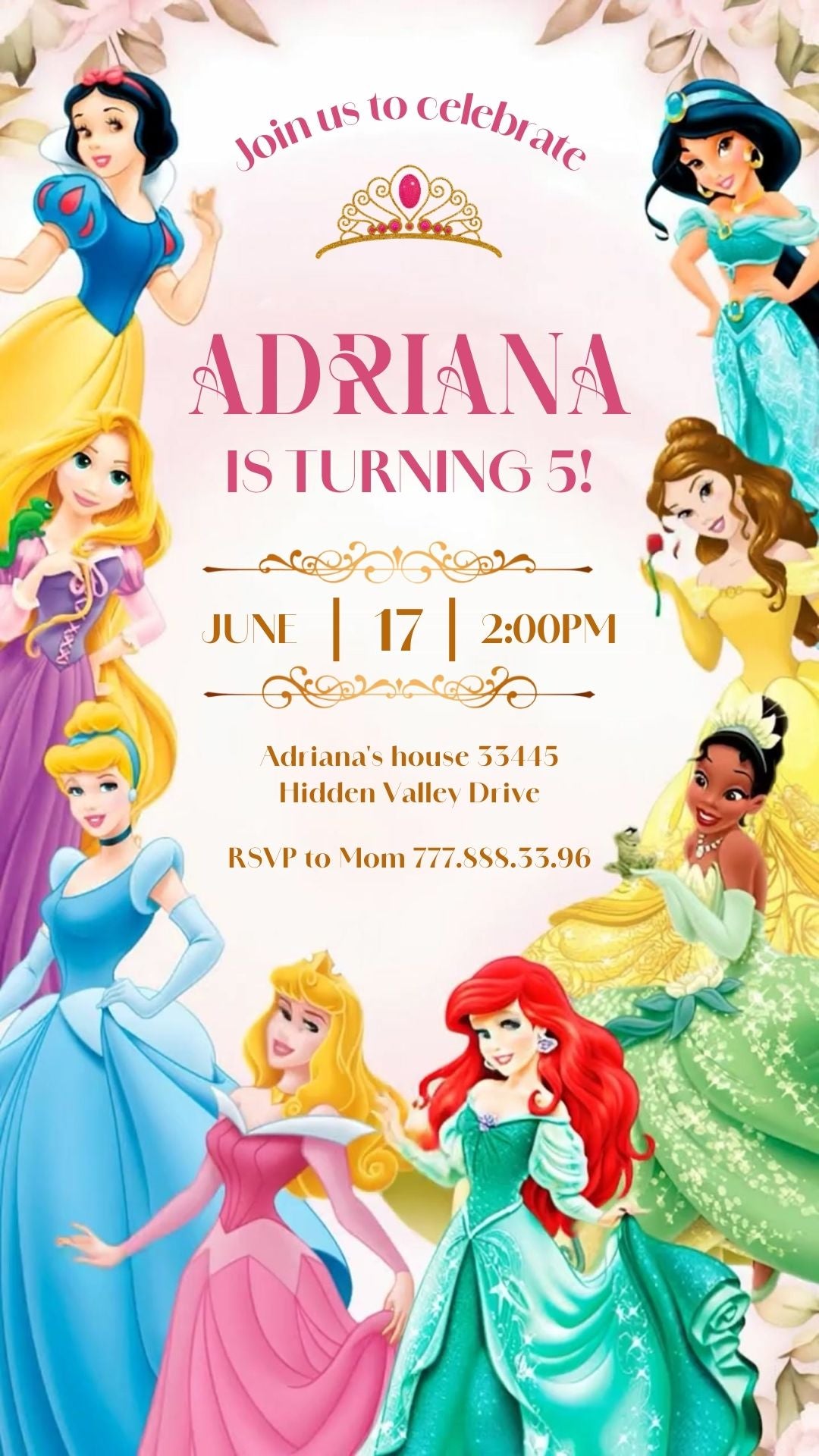 Disney Princess Gold Frame Animated Birthday Invitation | Canva Template