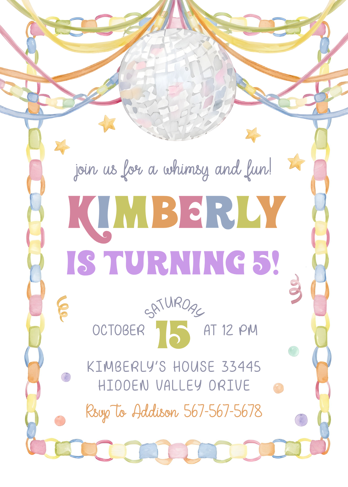 Whimsical Birthday Invitation 01 | Editable Canva Template design preview with sample wording
