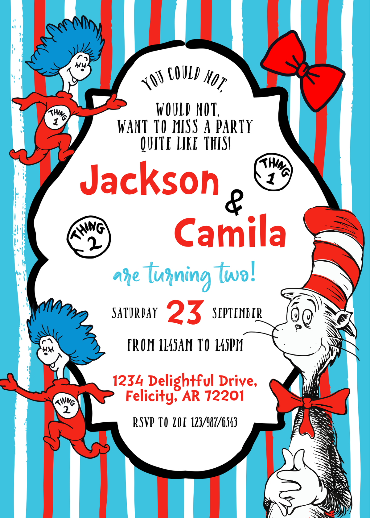 Dr Seuss The Cat in the Hat Twins customizable invitation template | Share or Print | AN725