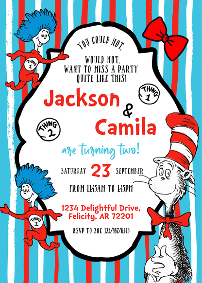 Dr Seuss The Cat in the Hat Twins customizable invitation template | Share or Print | AN725
