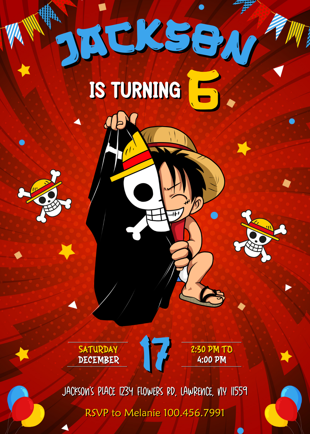 One Piece Monkey D.Luffy Anime customizable invitation template | Share or Print | AO197
