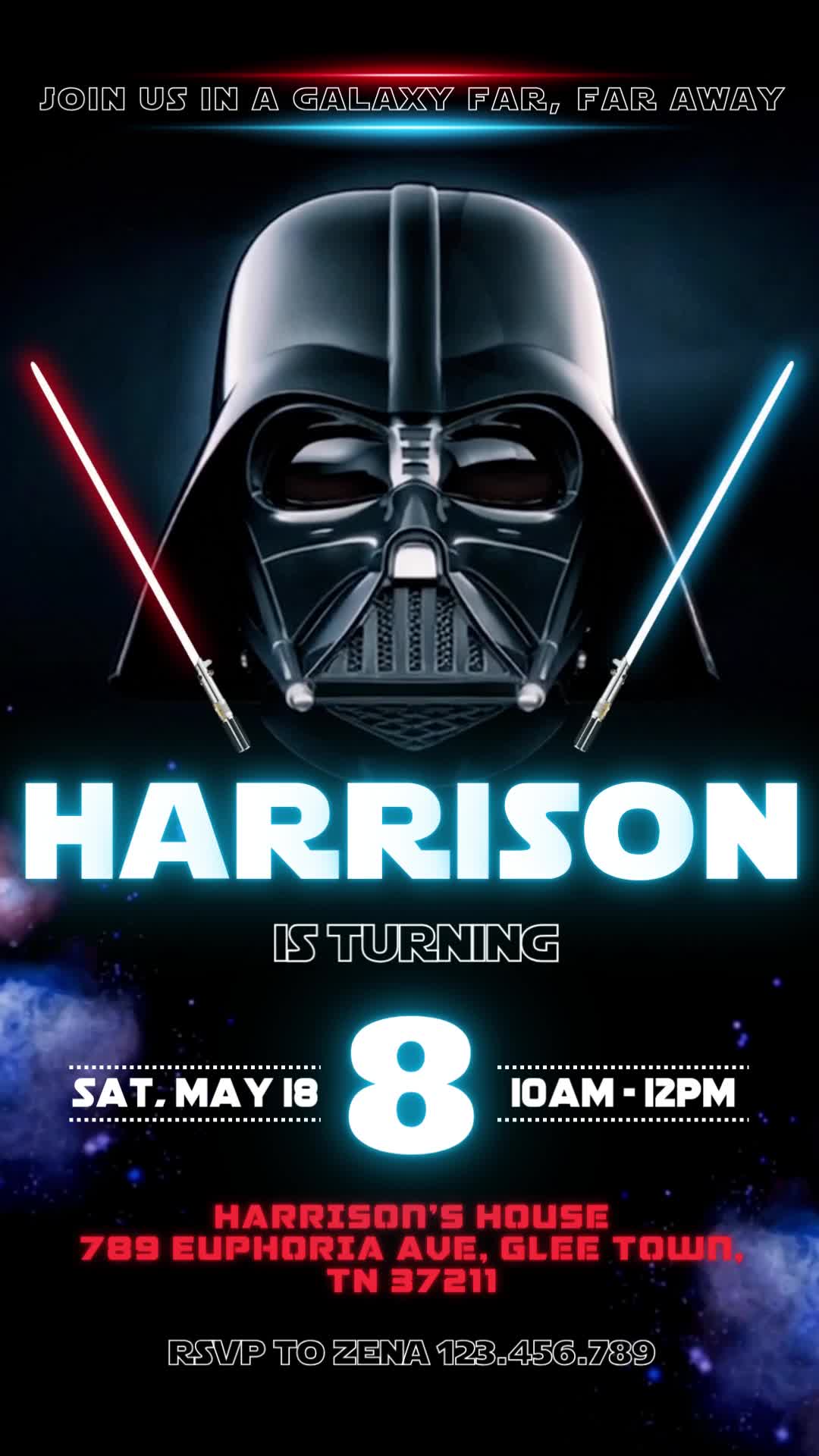 Celebrate an eighth birthday with a large Darth Vader helmet, red and blue lightsabers, blue galaxy accents and glowing lettering.