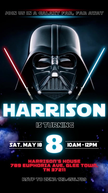 Celebrate an eighth birthday with a large Darth Vader helmet, red and blue lightsabers, blue galaxy accents and glowing lettering.