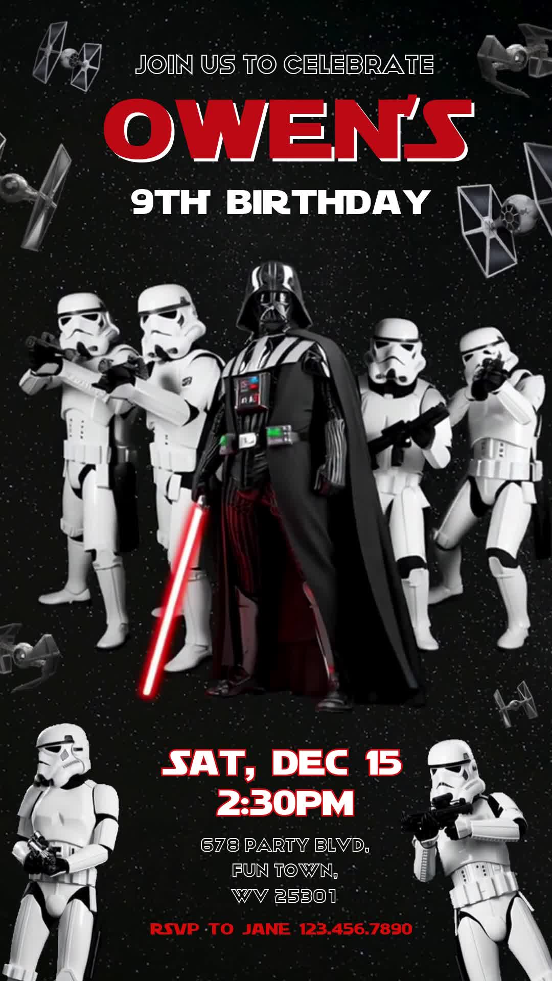 Animated ninth birthday invitation with Darth Vader, stormtroopers and TIE fighters against a dark starfield, with red-and-white party details.