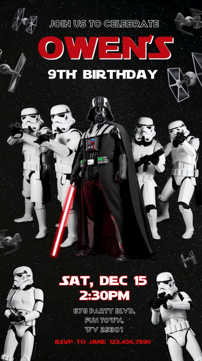 Animated ninth birthday invitation with Darth Vader, stormtroopers and TIE fighters against a dark starfield, with red-and-white party details.