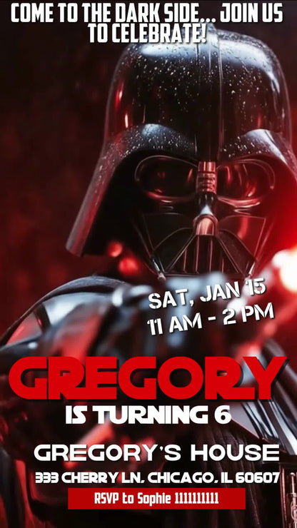 Animated sixth birthday invitation with a close-up Darth Vader portrait, dramatic red lightsaber glow and bold red-and-white lettering.