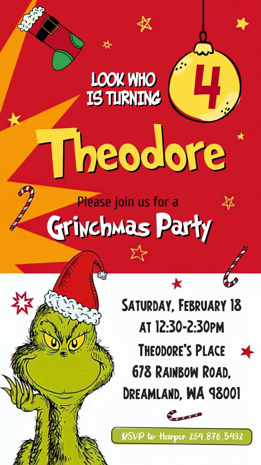 Animated fourth birthday invitation with the Grinch in a Santa hat, a red-and-yellow holiday design, ornaments, stars and candy canes.