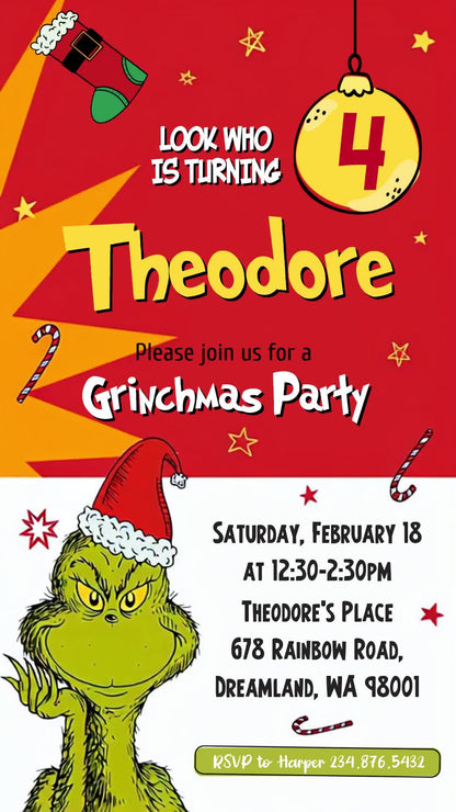 Animated fourth birthday invitation with the Grinch in a Santa hat, a red-and-yellow holiday design, ornaments, stars and candy canes.