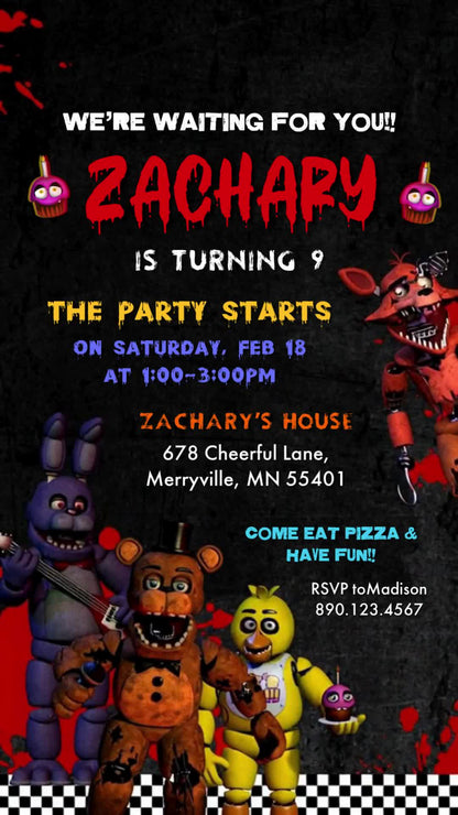 Five Nights at Freddy's animated ninth birthday invitation with red splatter accents, characters and a checkered border.