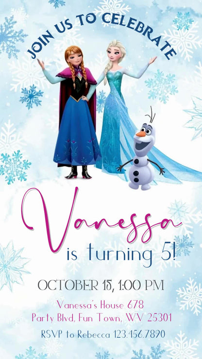 Frozen animated fifth birthday invitation with Anna, Elsa and Olaf, pale blue snowflakes and pink name lettering.